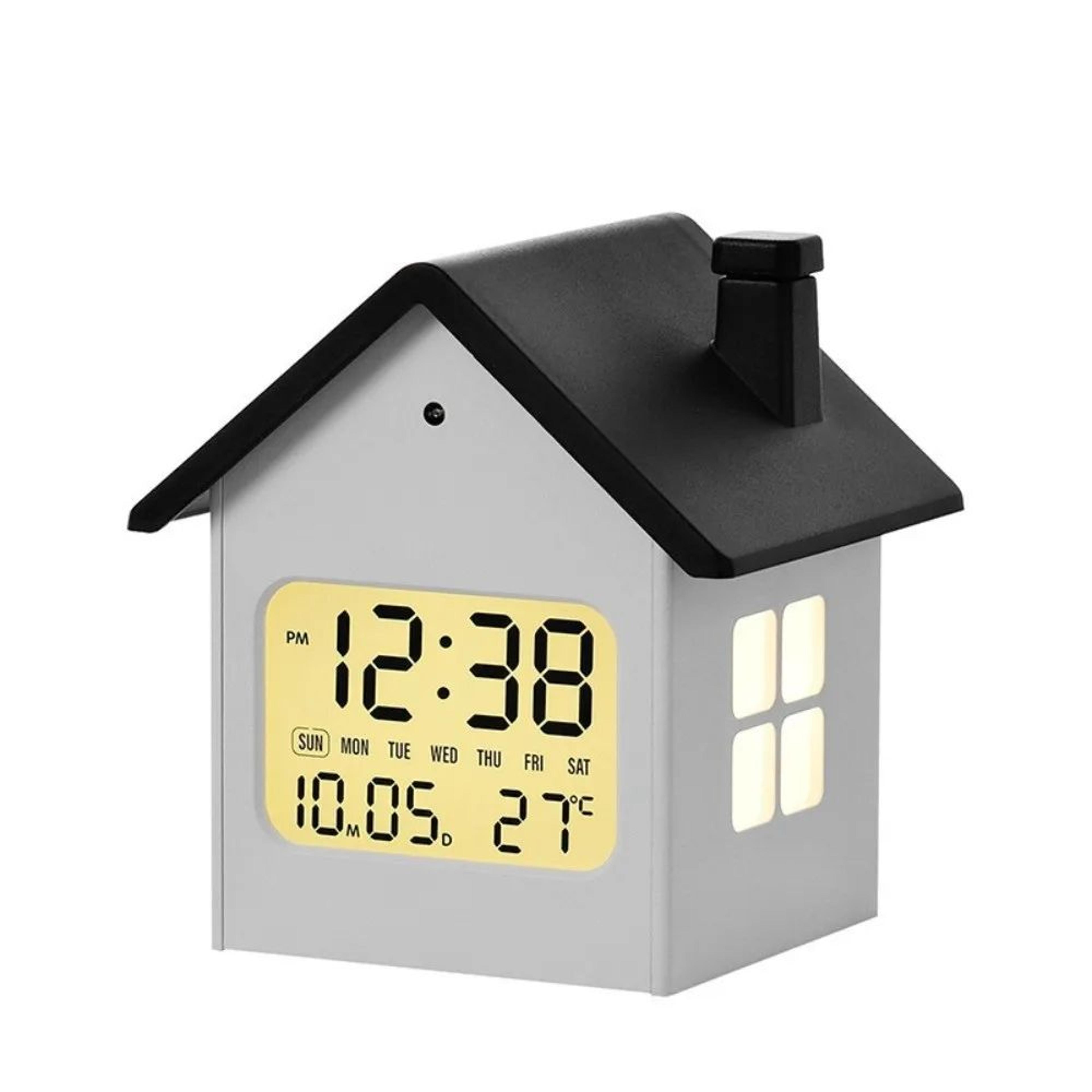 House Shape Digital Alarm Clock  LCD Time Date Week Temperature Display With Snooze Soft Backlight  2