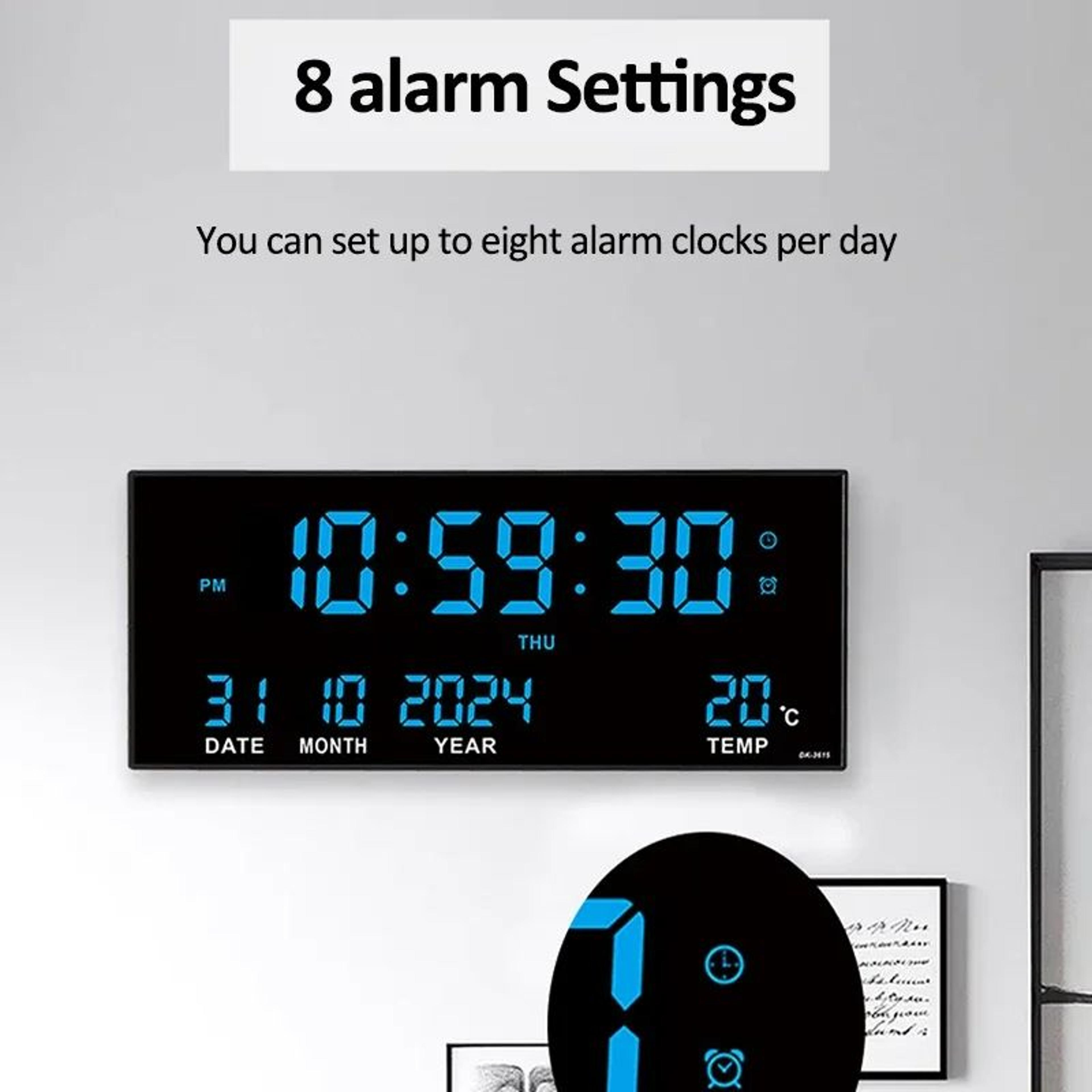 Digital Large Wall Clock  14 In LED Calendar Display With Temperature Date Week  8 Daily Alarms For 3