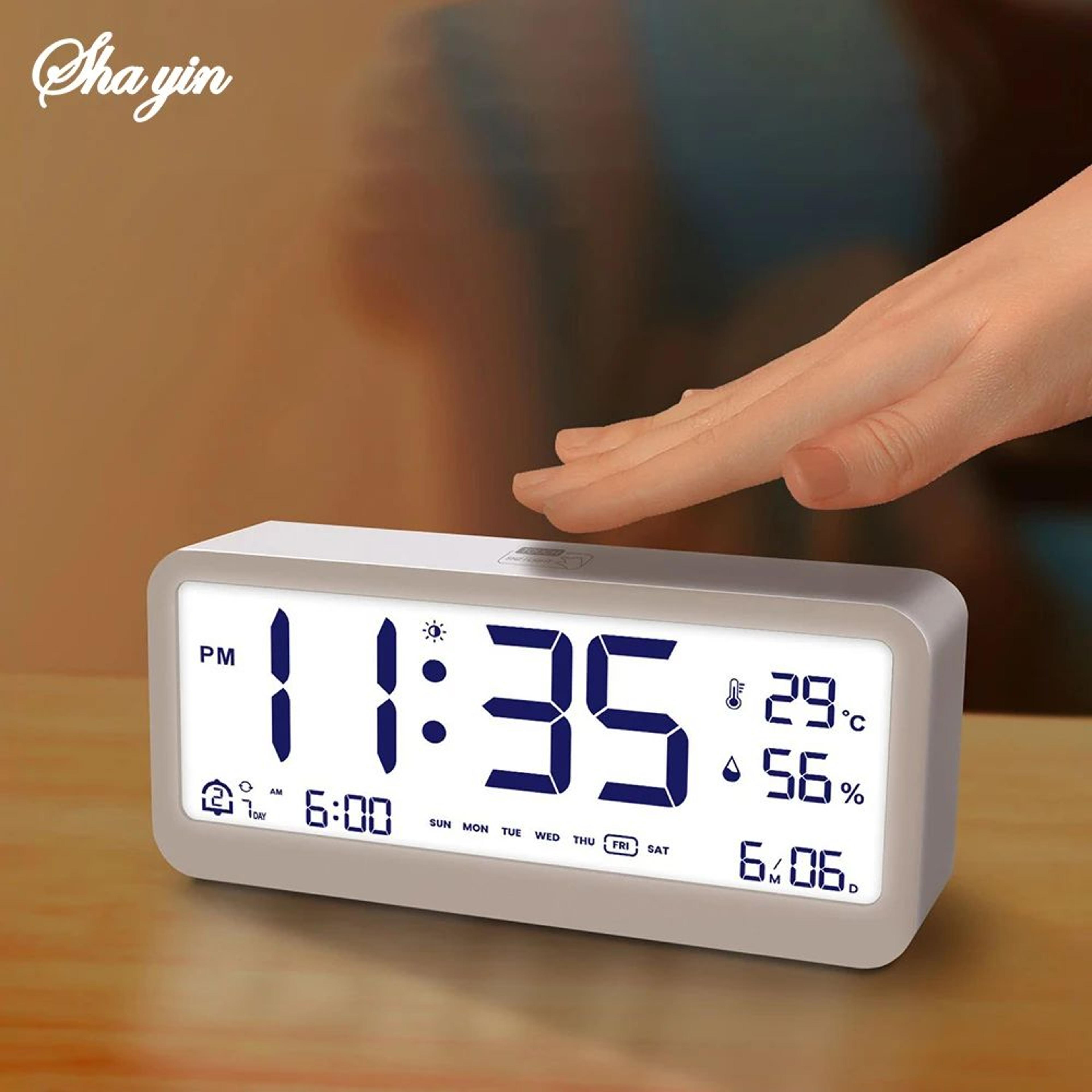 Multifunctional Digital Alarm Clock  Adjustable LED Display With Temperature Humidity Monitor  Dual
