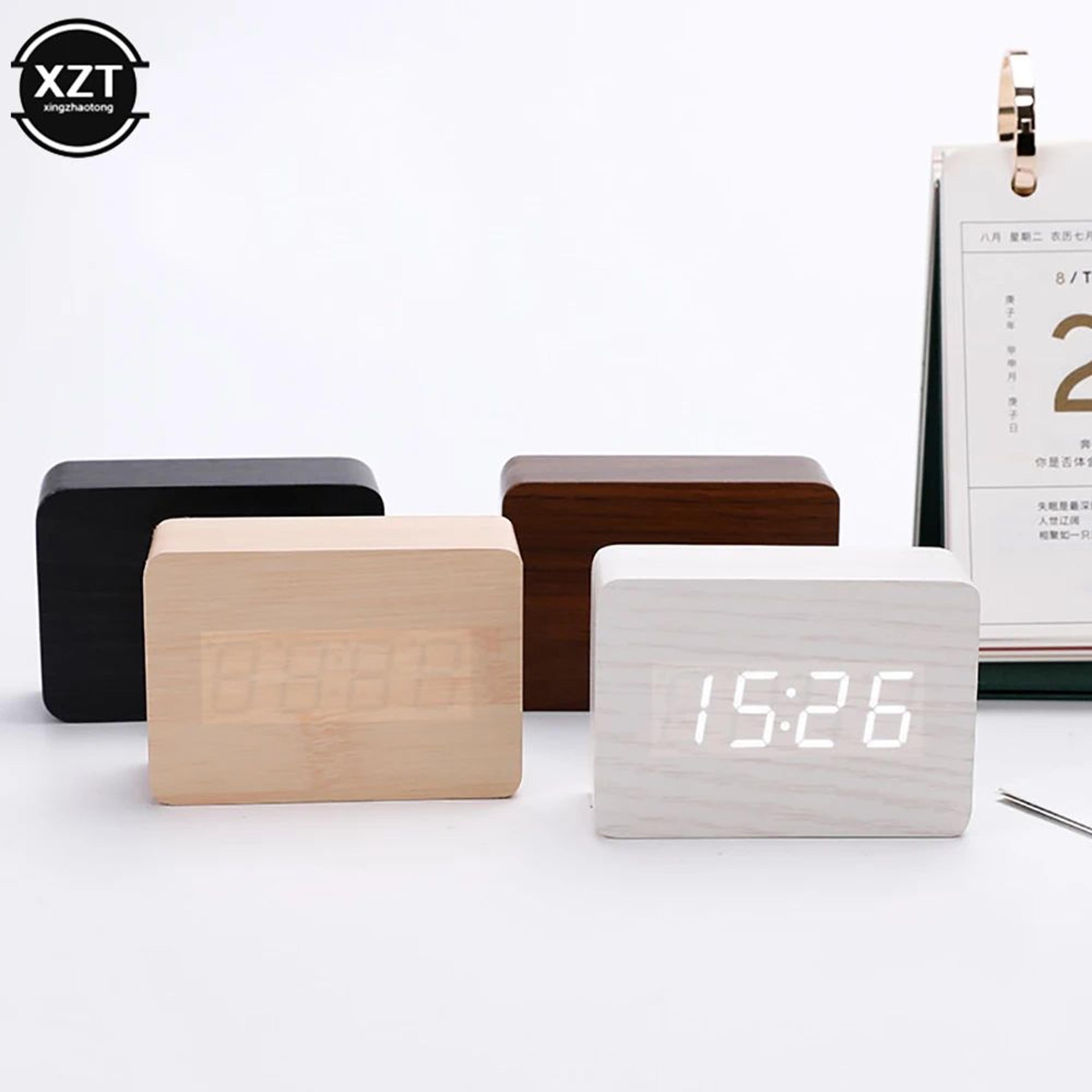 Wooden Digital Alarm Clock  LED Desk Clock With Temperature Date Voice Control  Adjustable Brightne 3