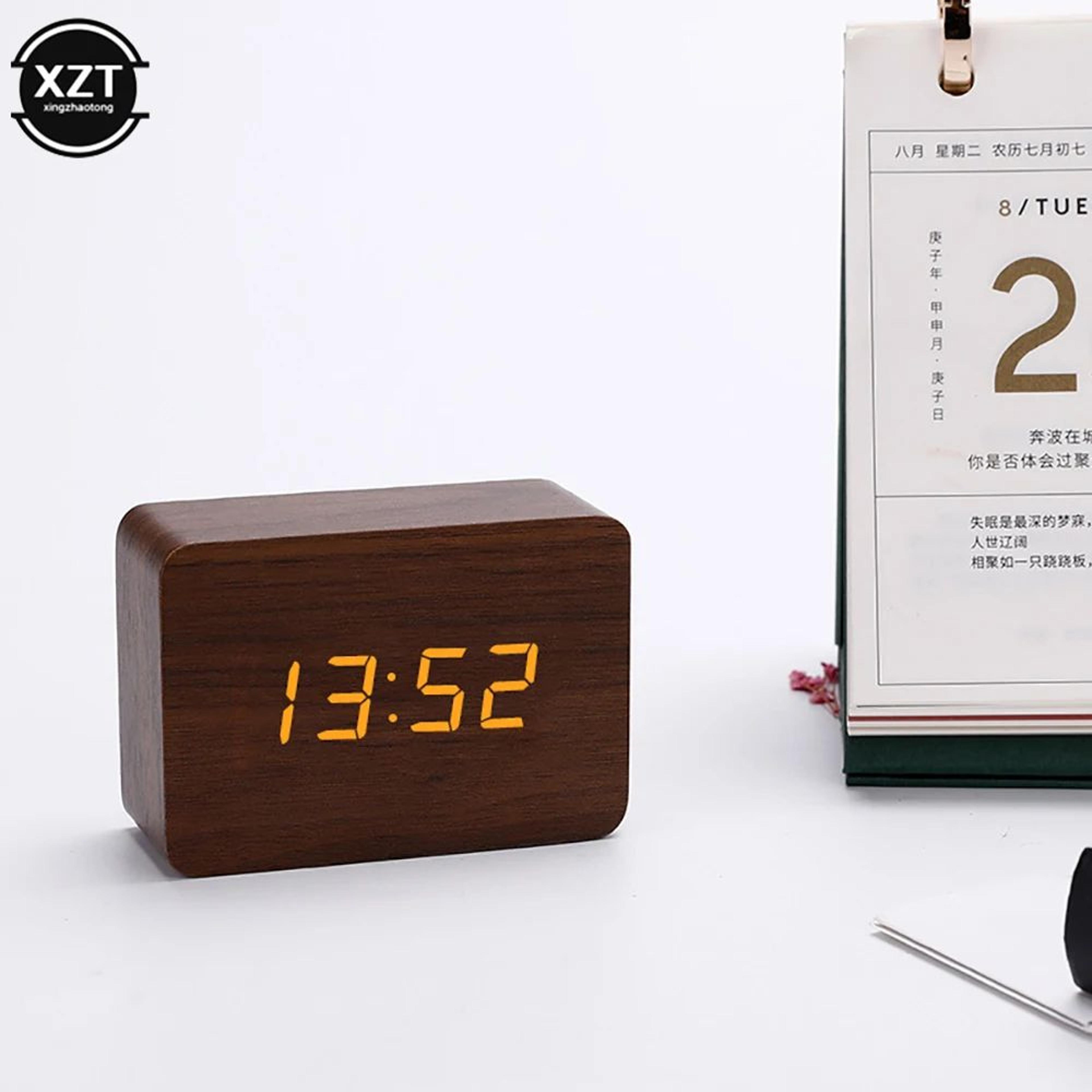 Wooden Digital Alarm Clock  LED Desk Clock With Temperature Date Voice Control  Adjustable Brightne 4