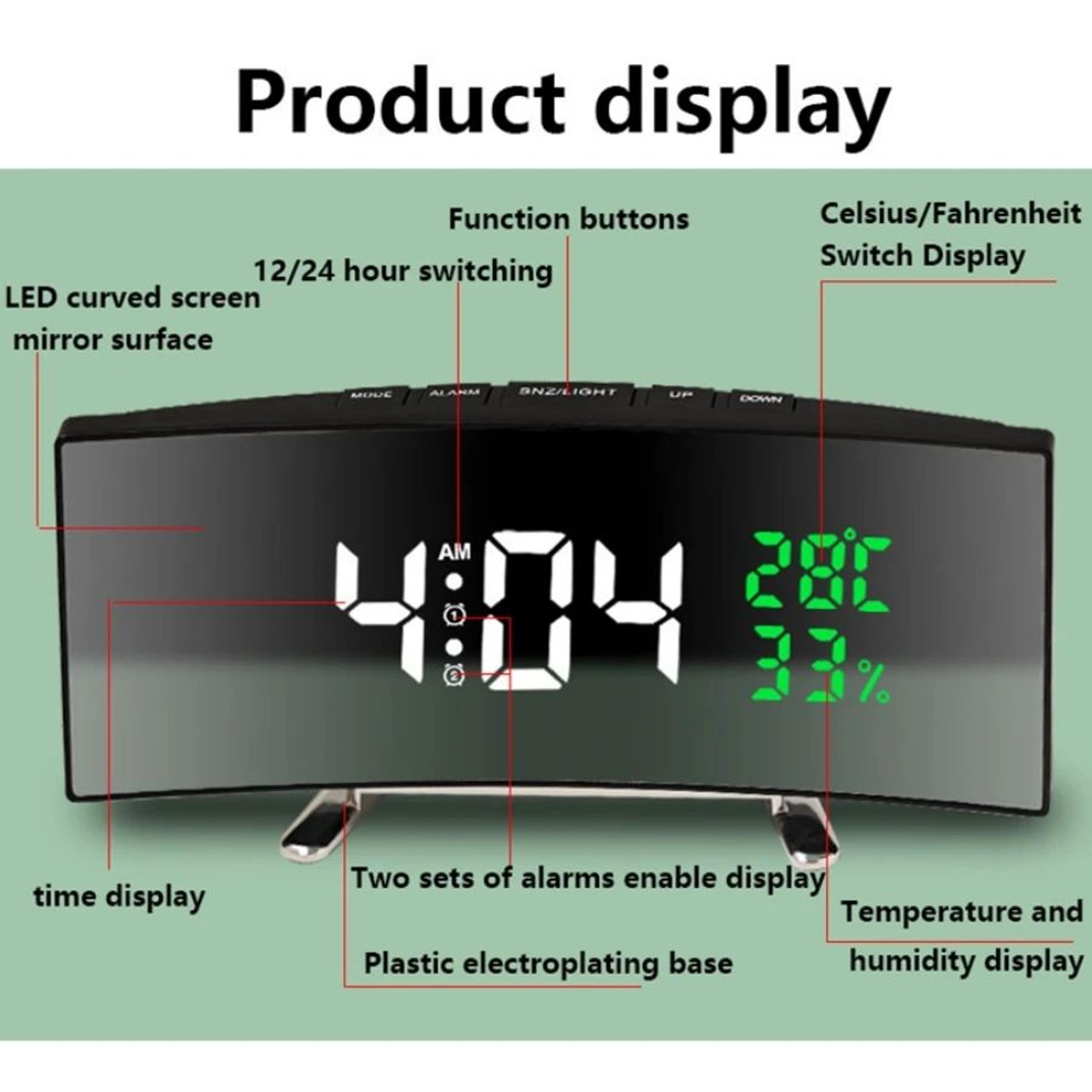 Curved Screen Digital Alarm Clock  LED Table Clock With Temperature Date Snooze Night Mode  2Level  4