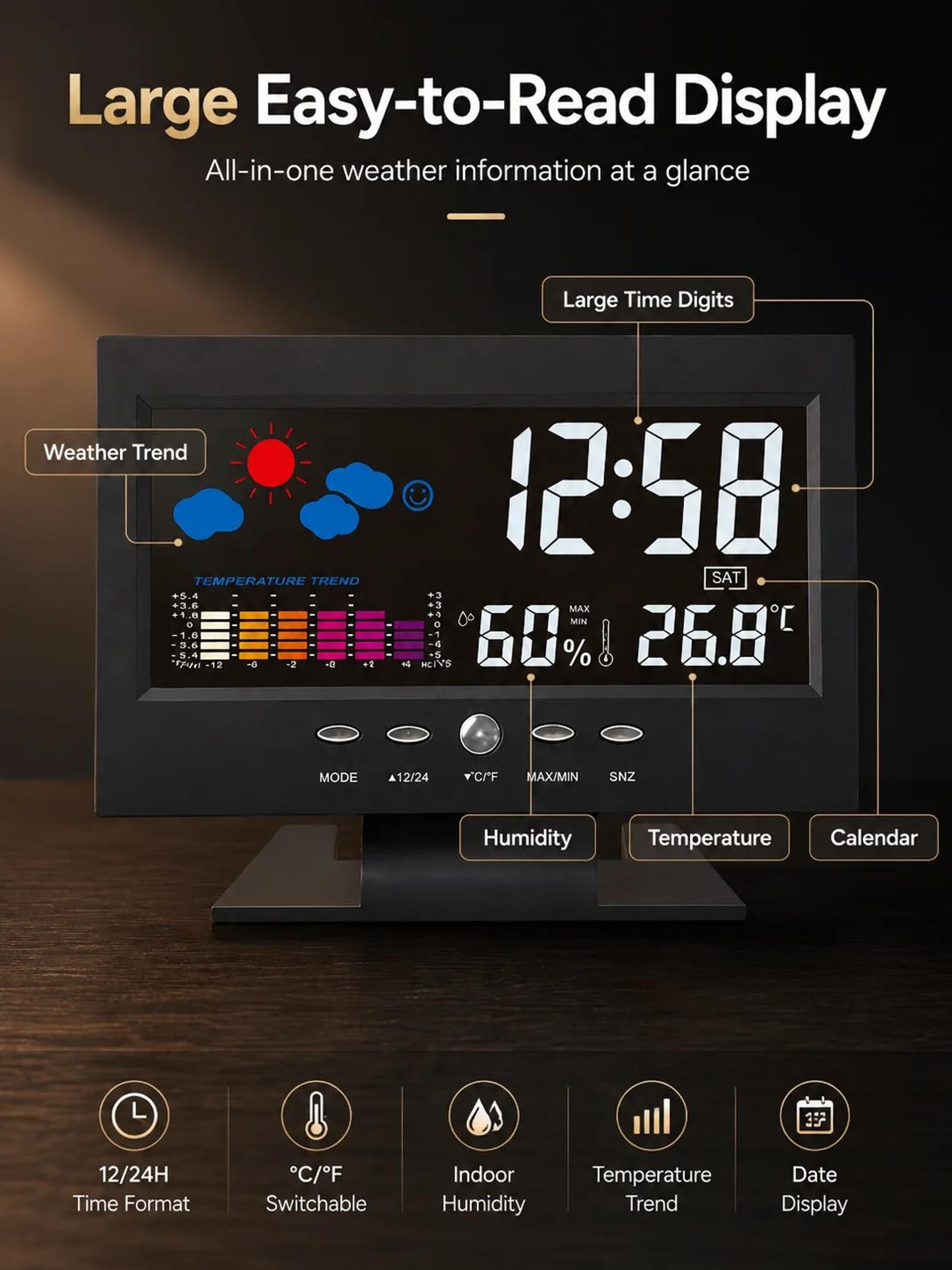 Indoor Digital Weather Station Clock  Temperature Humidity Monitor With Alarm Snooze Calendar  Larg 3
