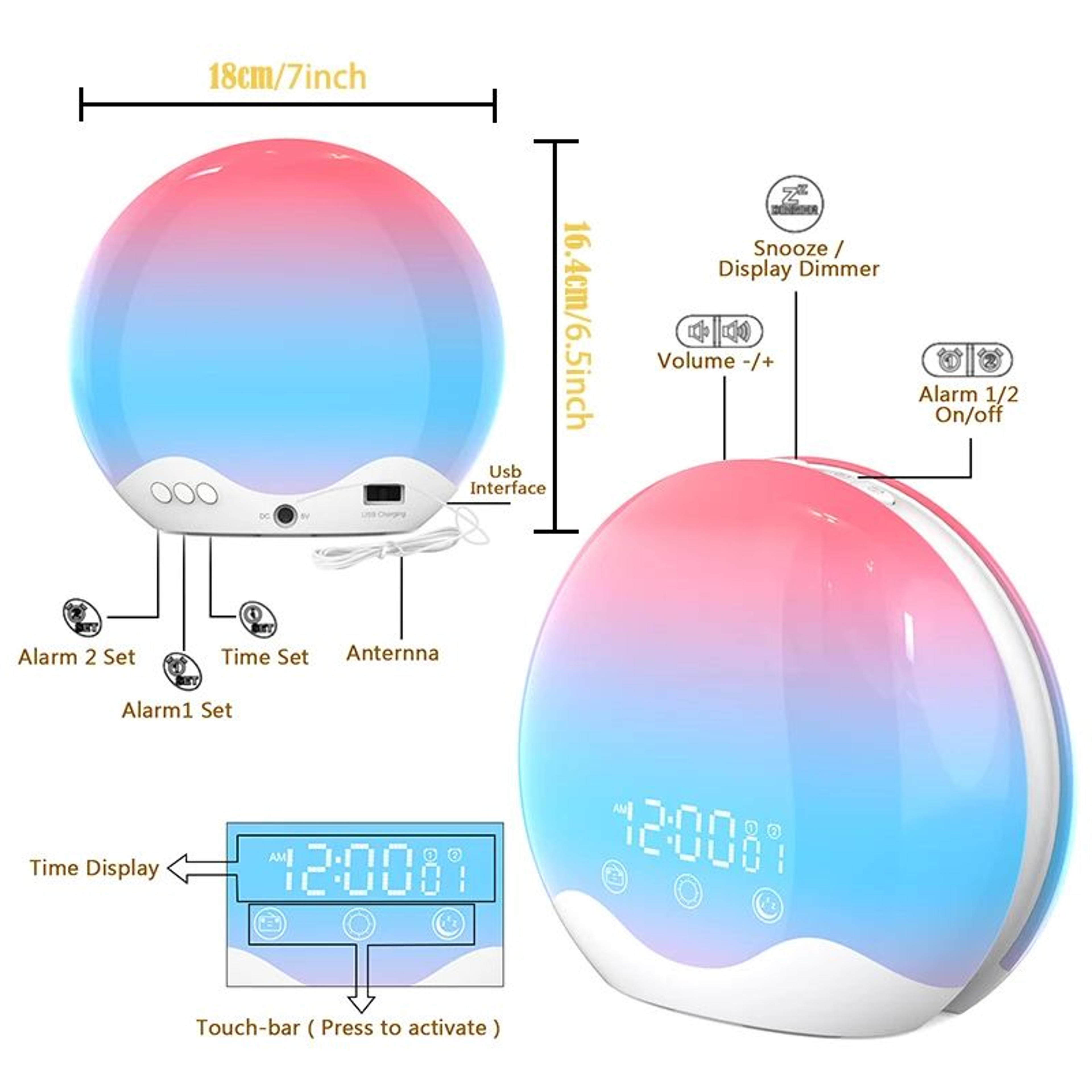 Sunrise Alarm Clock  Color Changing Wake Up Light With Sleep Sounds Night Light FM Radio  Digital D 5
