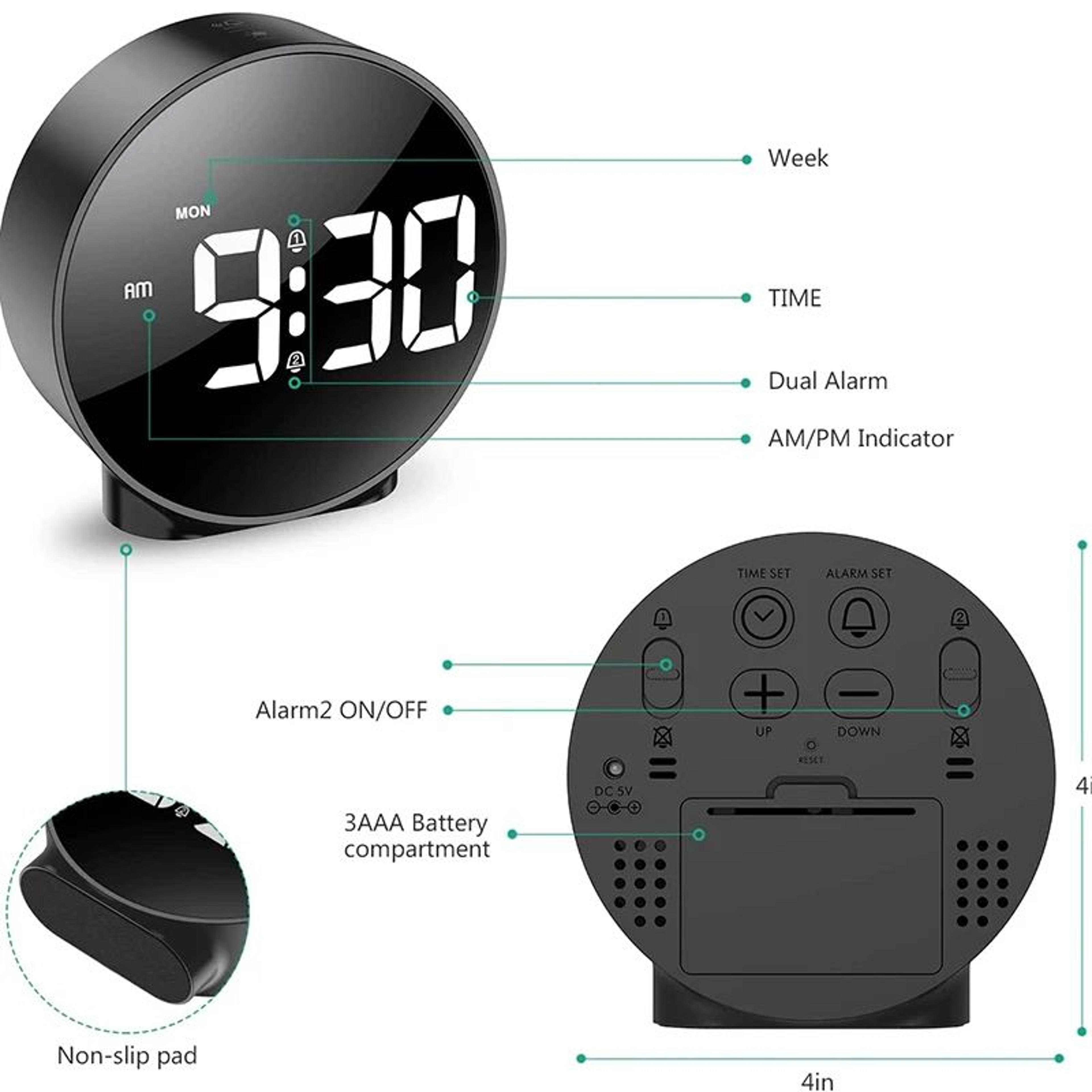 Digital LED Dual Alarm Clock  Desk Clock With Snooze Week Display 1224H  4 Brightness Levels 5