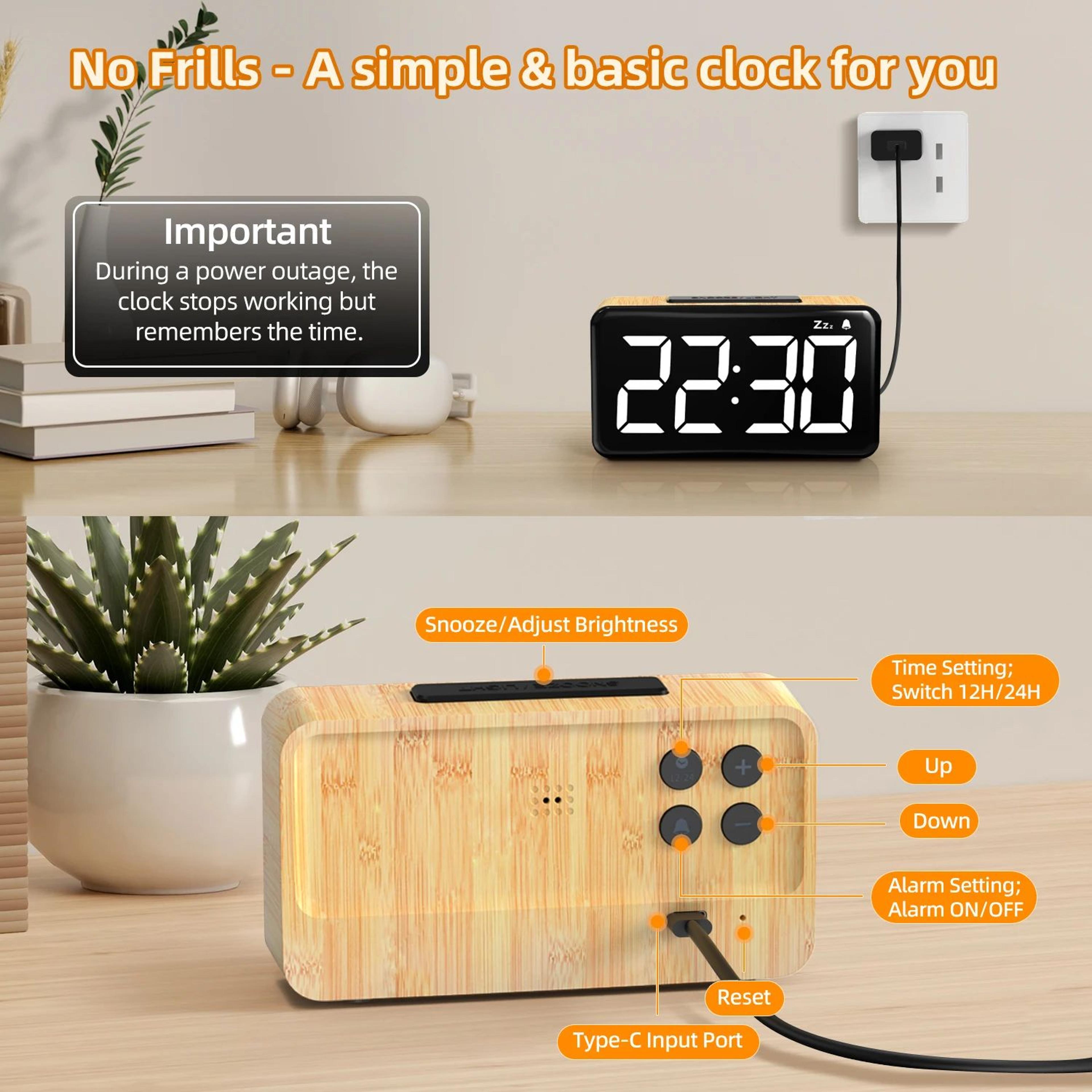 Wood Grain Digital Alarm Clock  LED Desk Clock With USB Charging 6Level Brightness Snooze  1224H Di 3