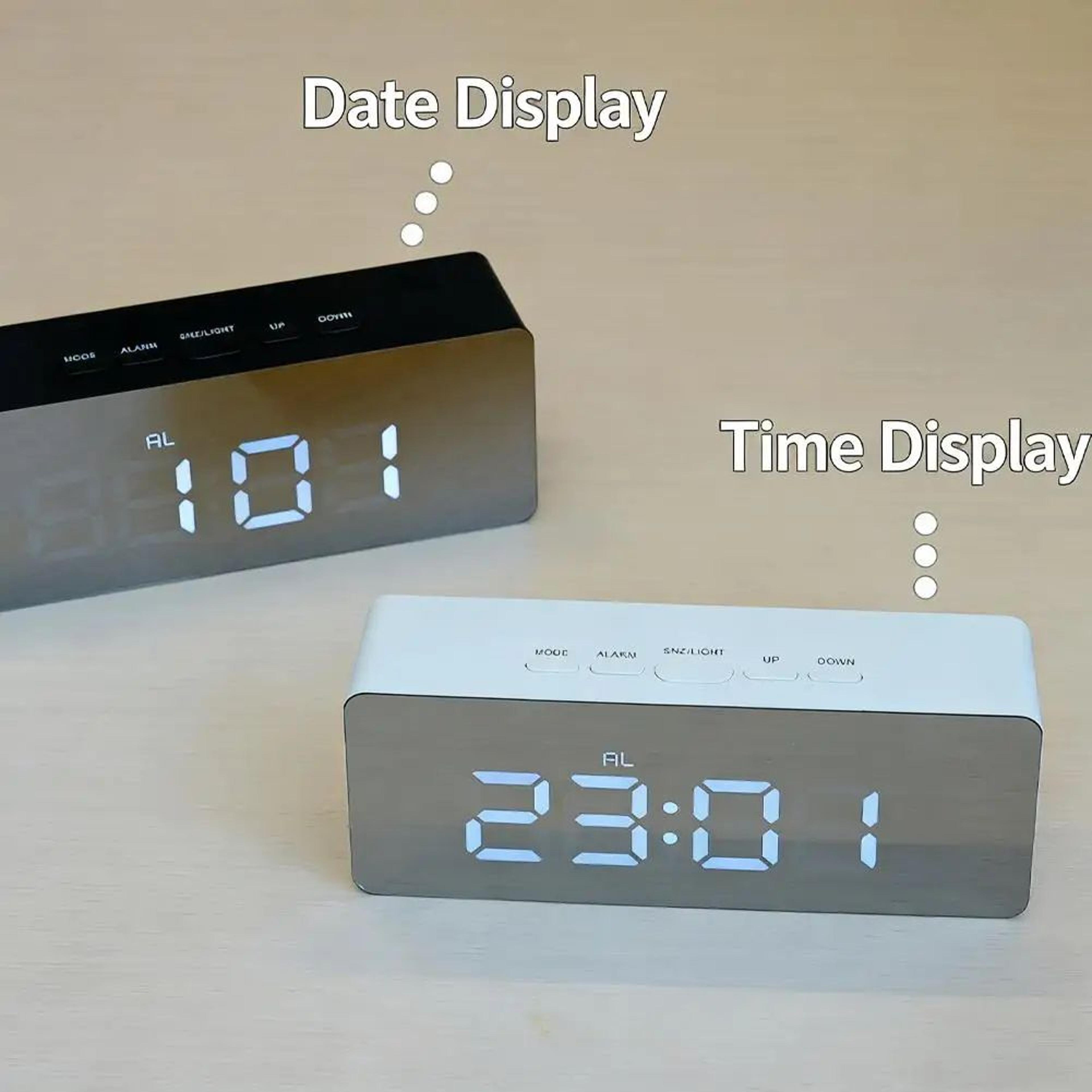 Small Digital Alarm Clock  Mirror LED Large Display With Adjustable Brightness Snooze Temperature   2