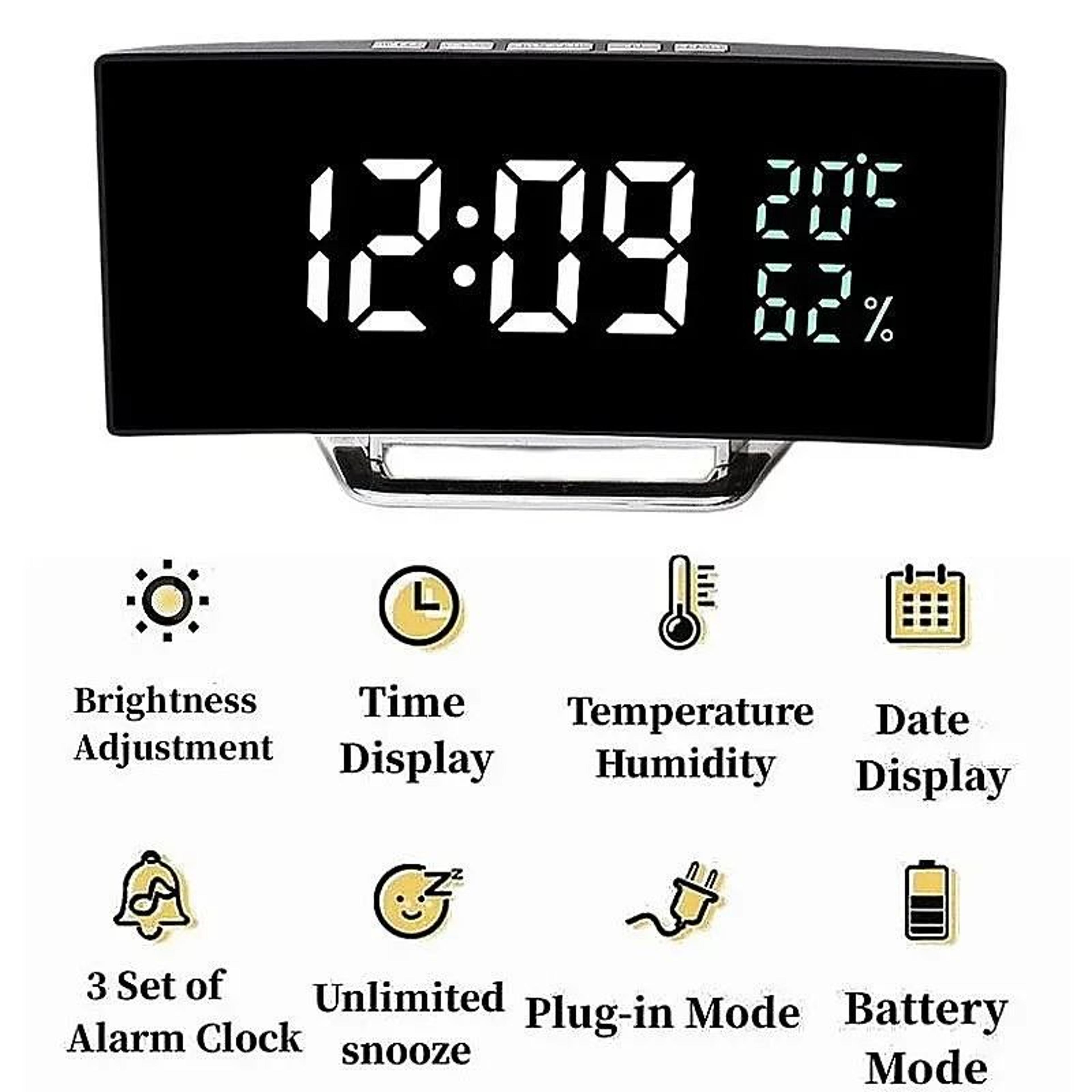 Curved LED Digital Alarm Clock  Temperature Humidity Display 3 Alarms Snooze Night Mode  Adjustable 6