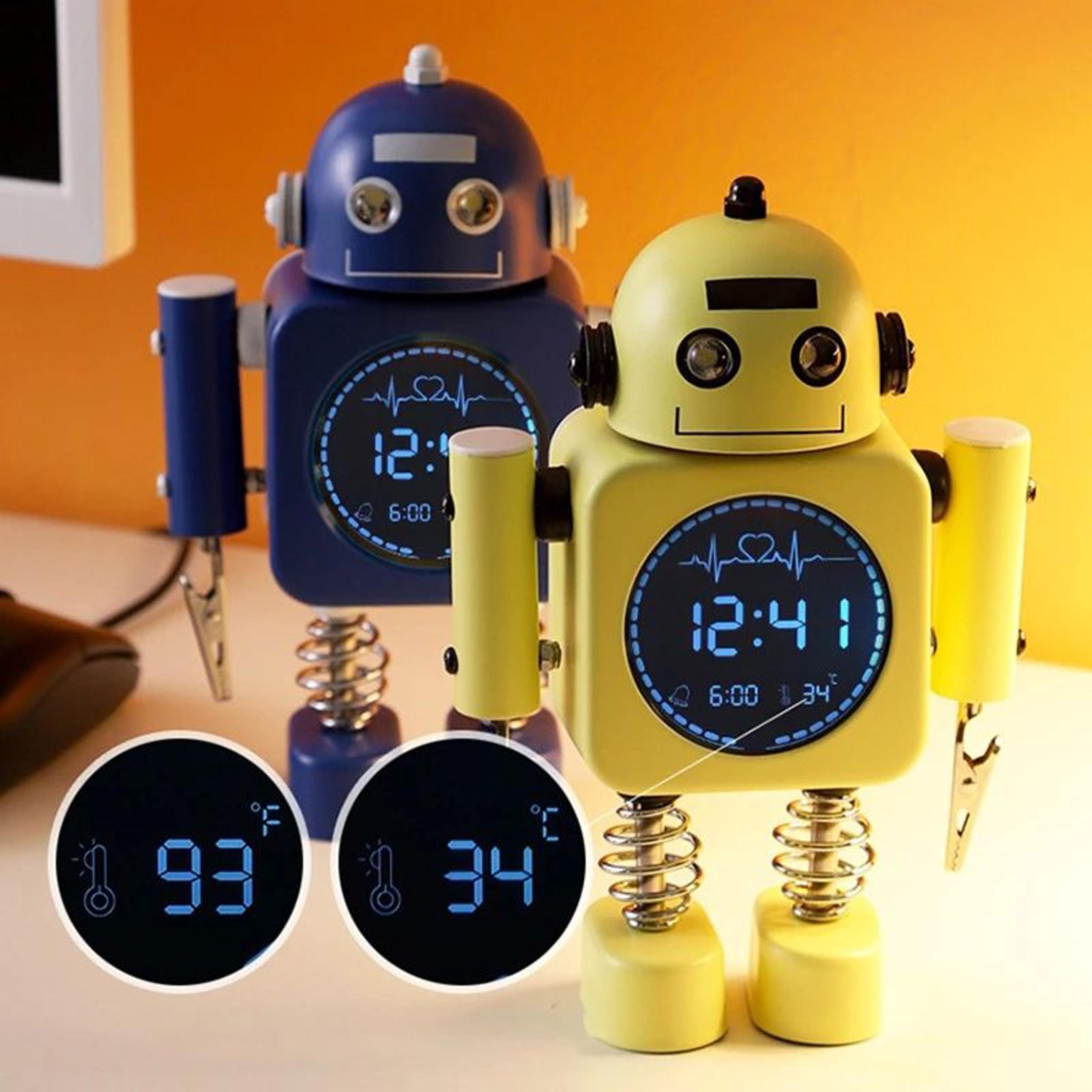 Silent Robot Alarm Clock  NonTicking Metal Wake Up Clock With Flashing Eye Lights  Hand Clip For De 0