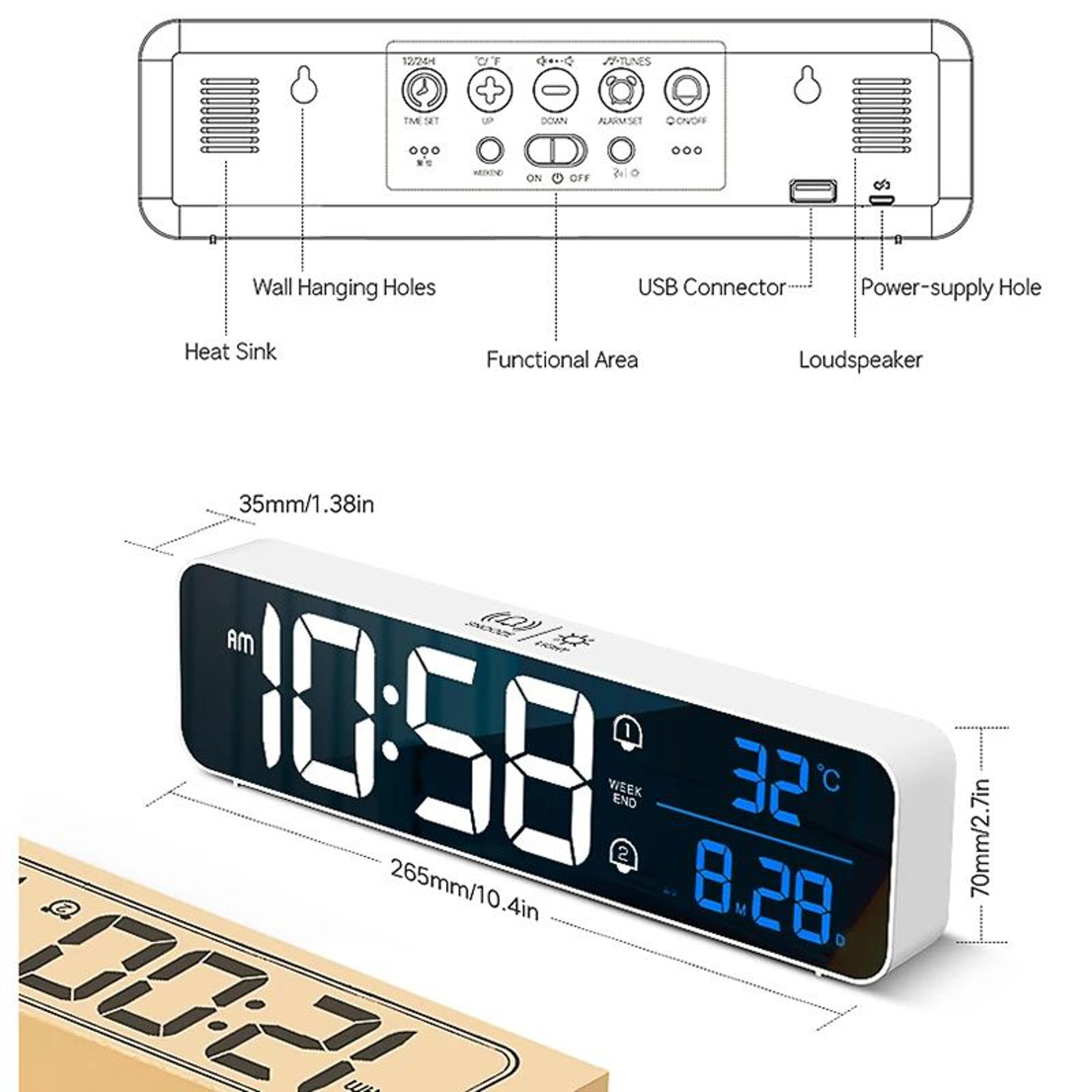 103 In LED Digital Alarm Clock  Large Display Wall  Table Clock With Dual Alarms 40 Ringtones Temp  5