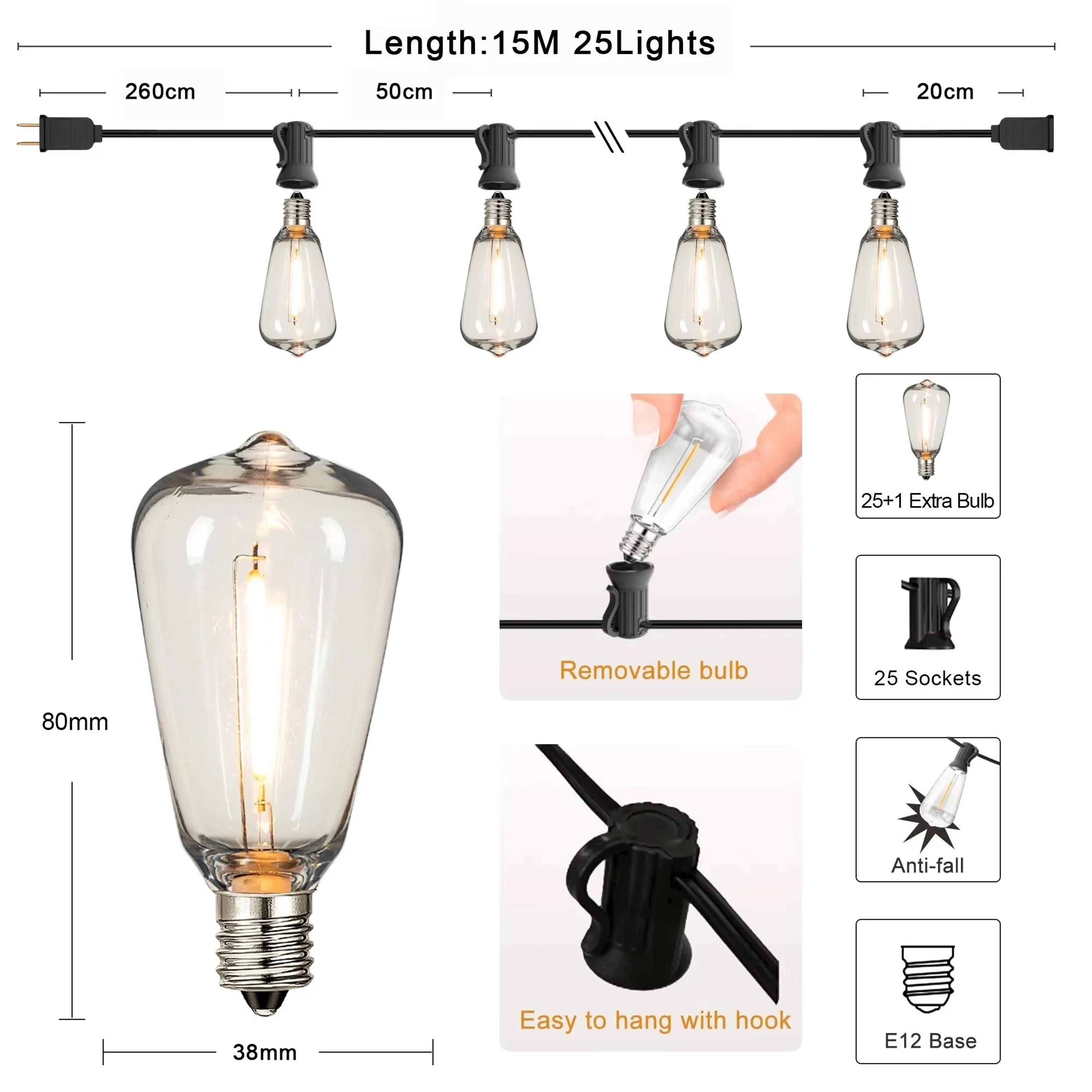 ST38 Outdoor String Lights  Connectable Shatterproof Waterproof Dimmable LED Patio Garden Garland L 8