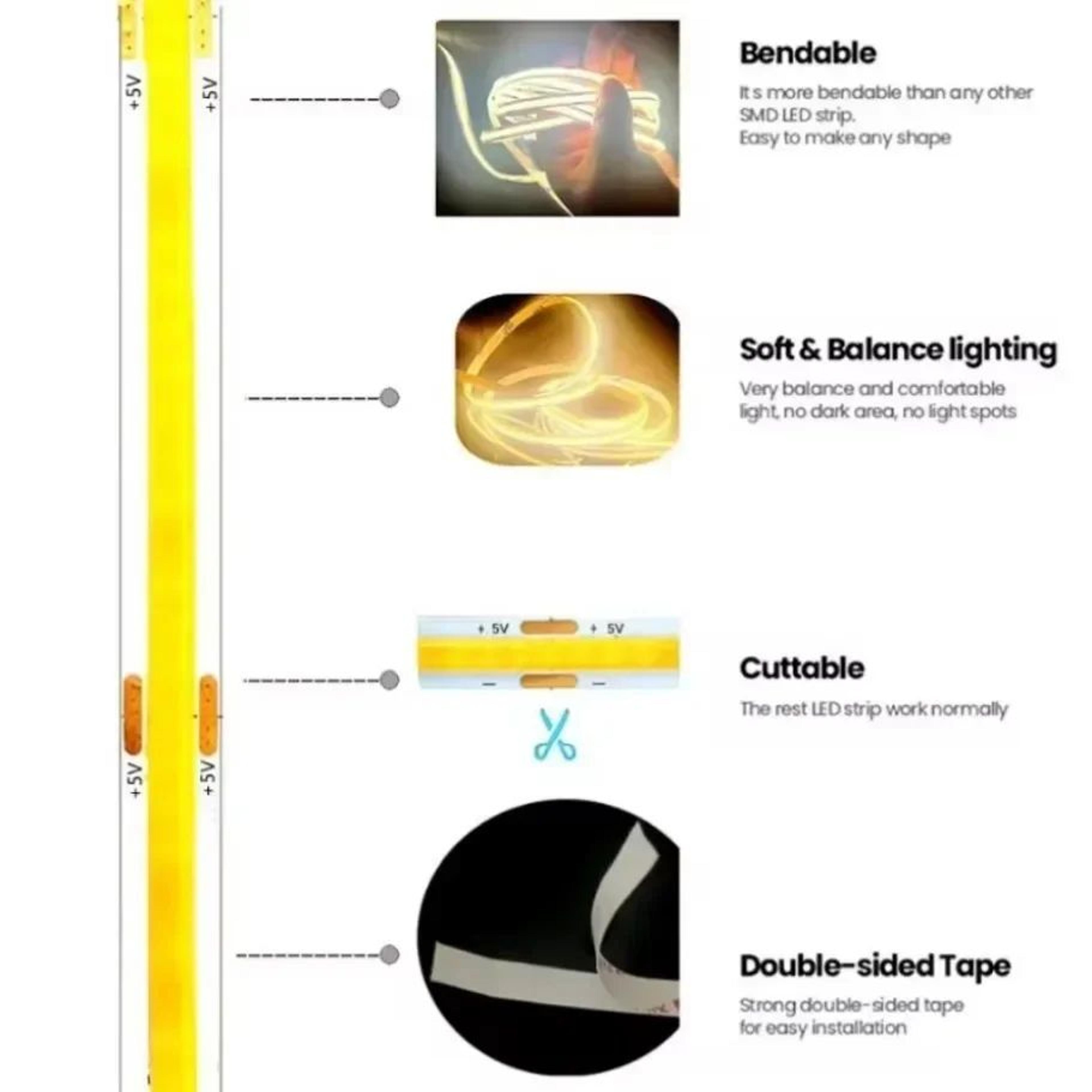 5V COB LED Strip Light  320 LEDsm High Density Flexible USB Lighting For Home Decor Cabinets  DIY P 2