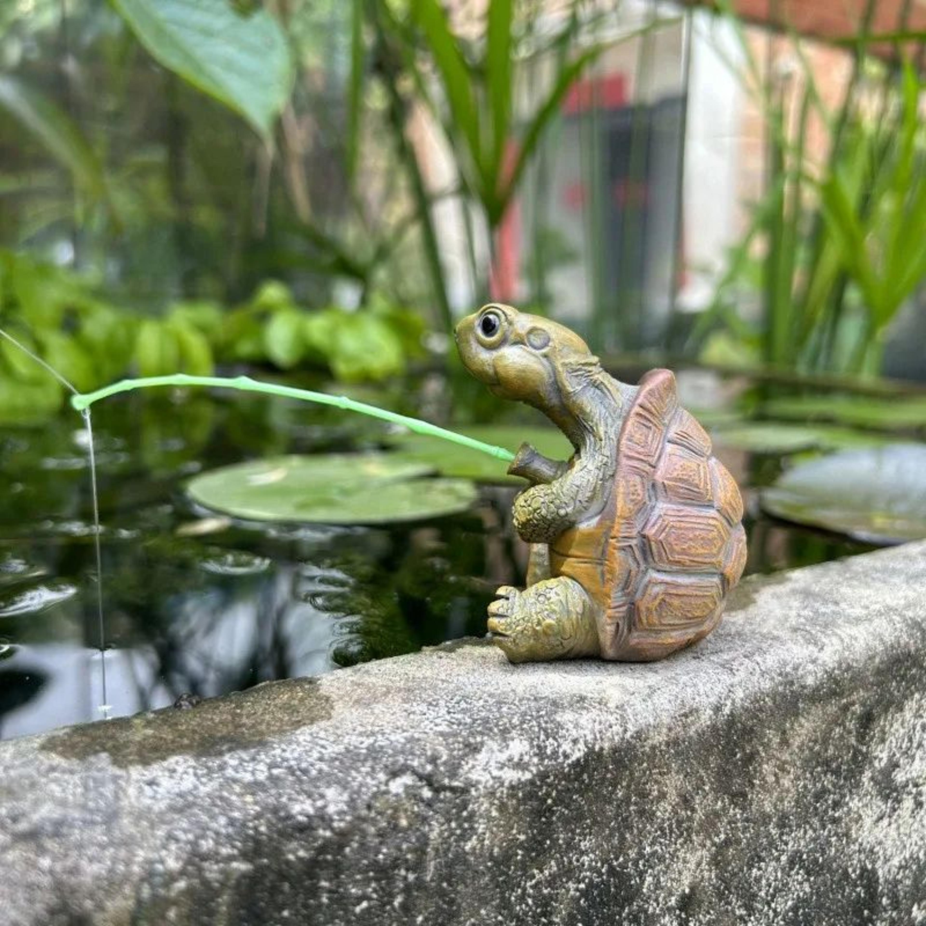 Cute Fishing Turtle Garden Figurine  Mini Resin Pond Ornament For Potted Plants Balcony Patio  Fair 3