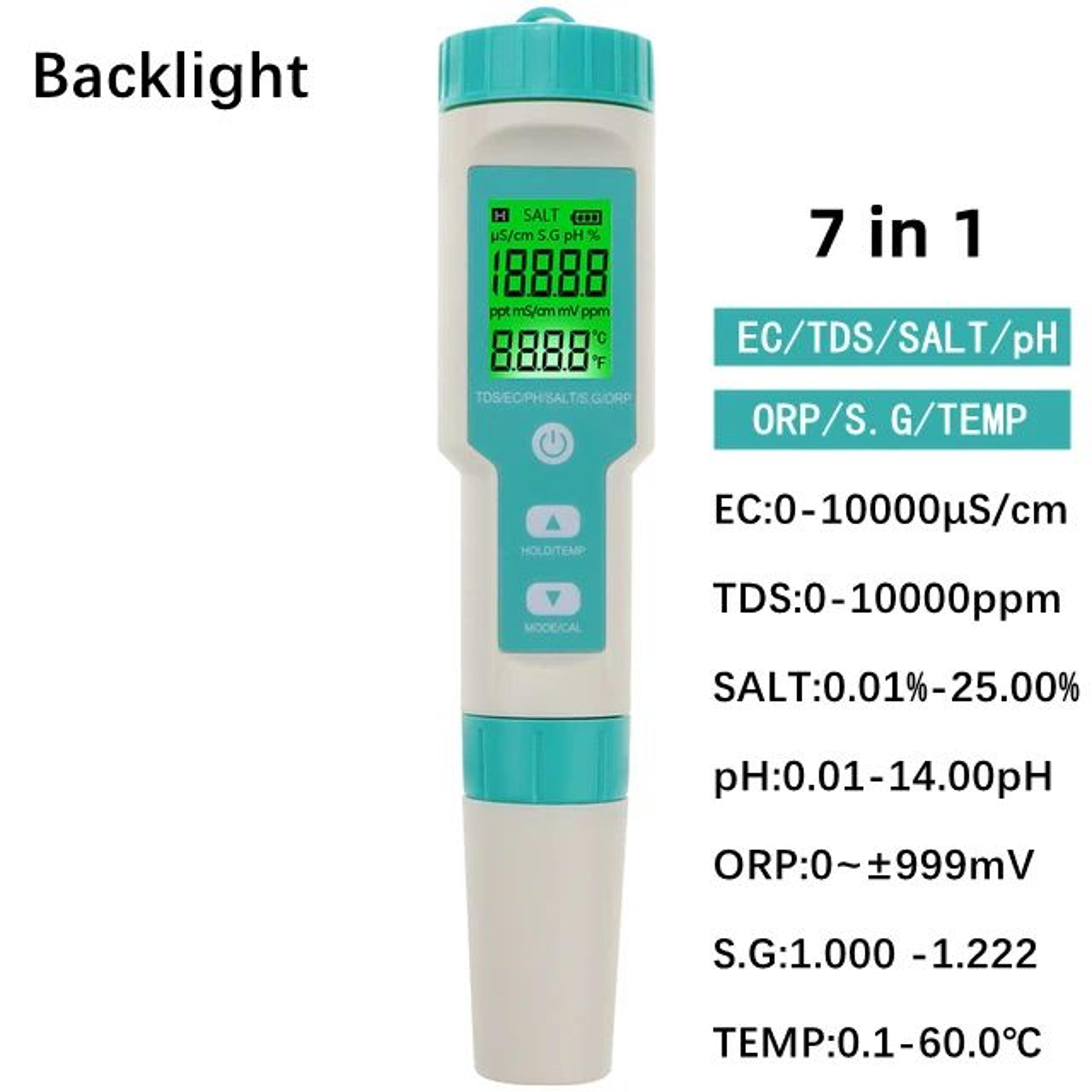 7in1 Digital Water Quality Meter  PH TDS EC ORP Salinity SG  Temperature Tester With Backlight For  10