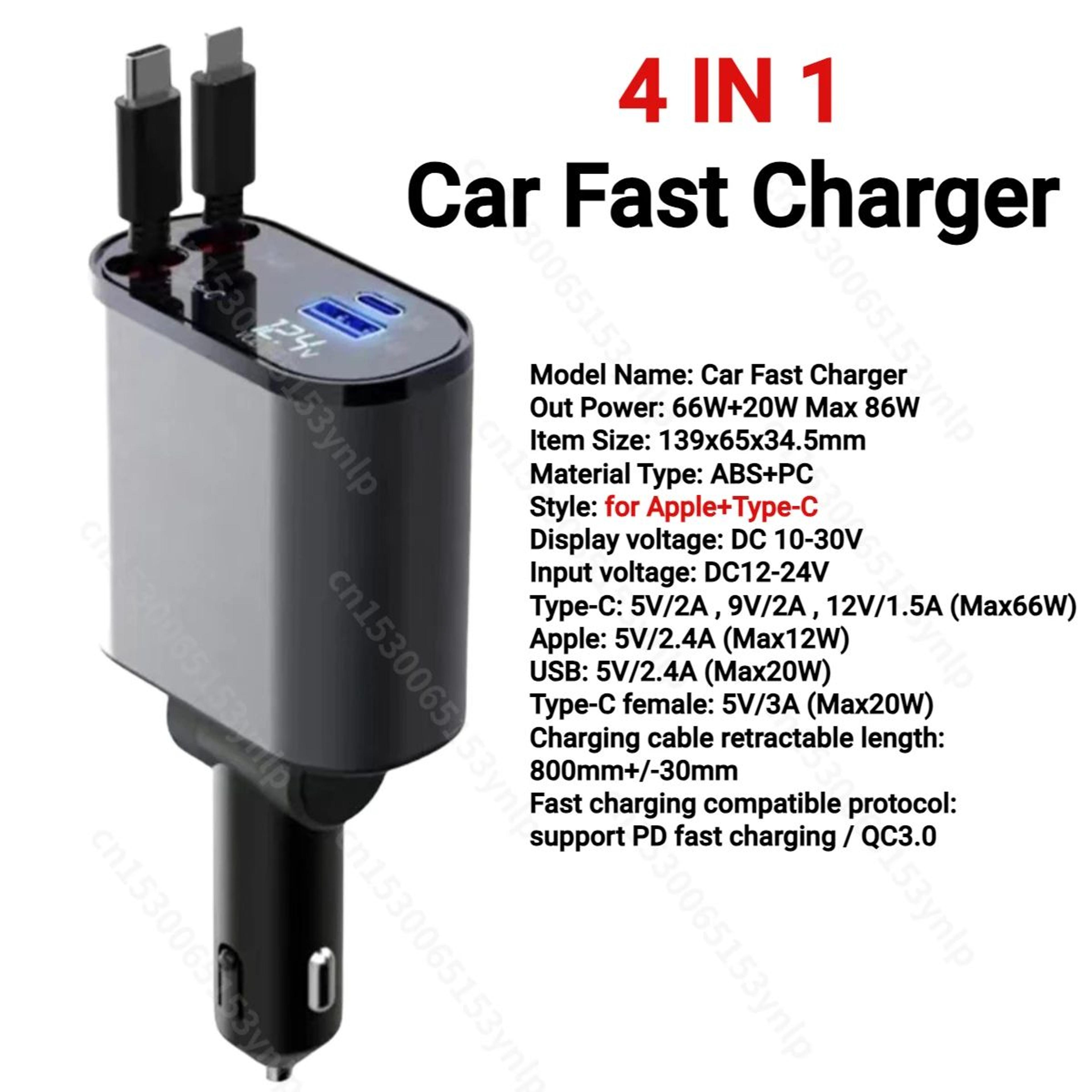 4in1 Retractable Car Charger  86W USBC  USB Fast Charging Adapter With 315 In Cables  Voltage Displ 7