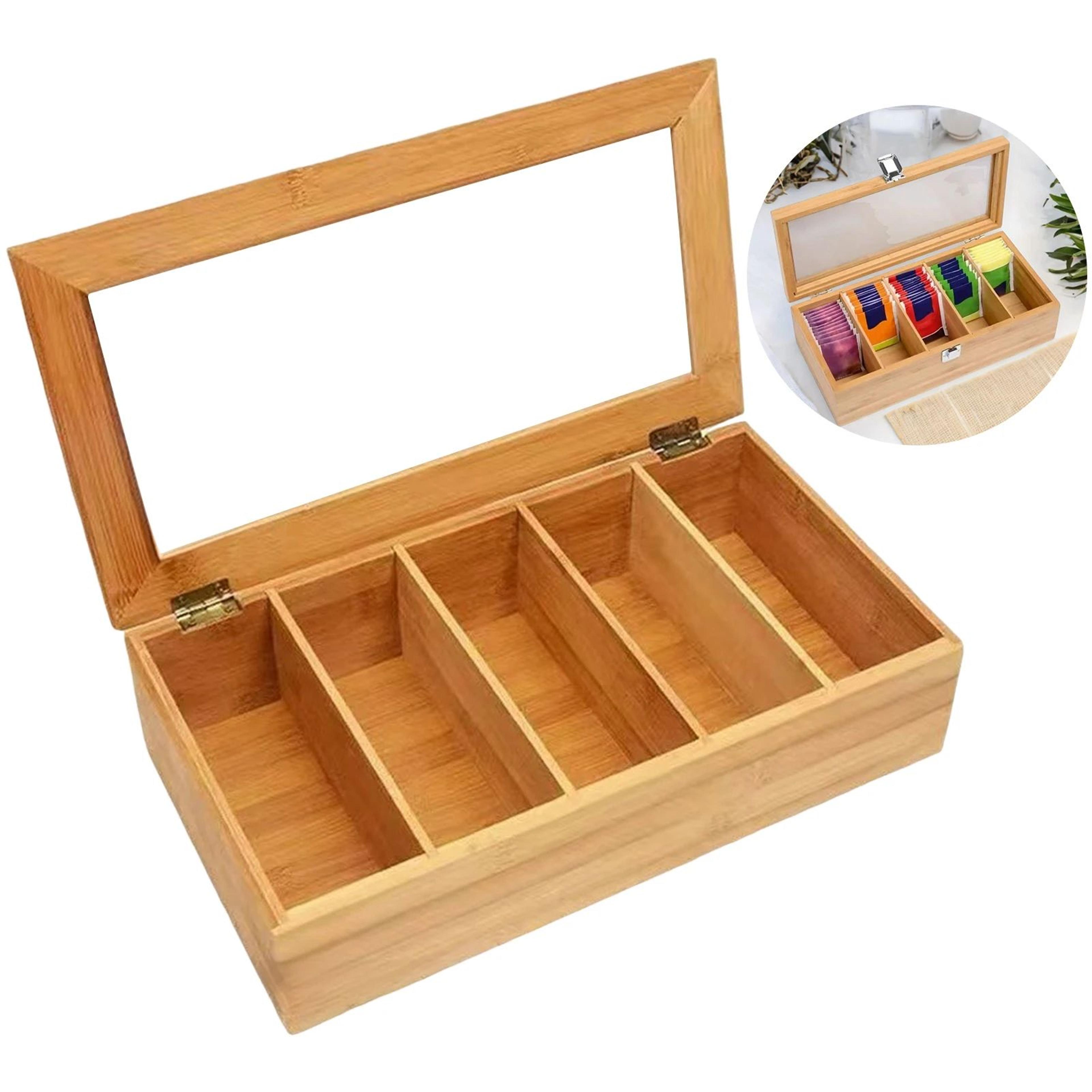 Wood Tea Bag Organizer  Clear Lid Storage Box For Coffee Sweetener Condiment Packets Kitchen Pantry 6