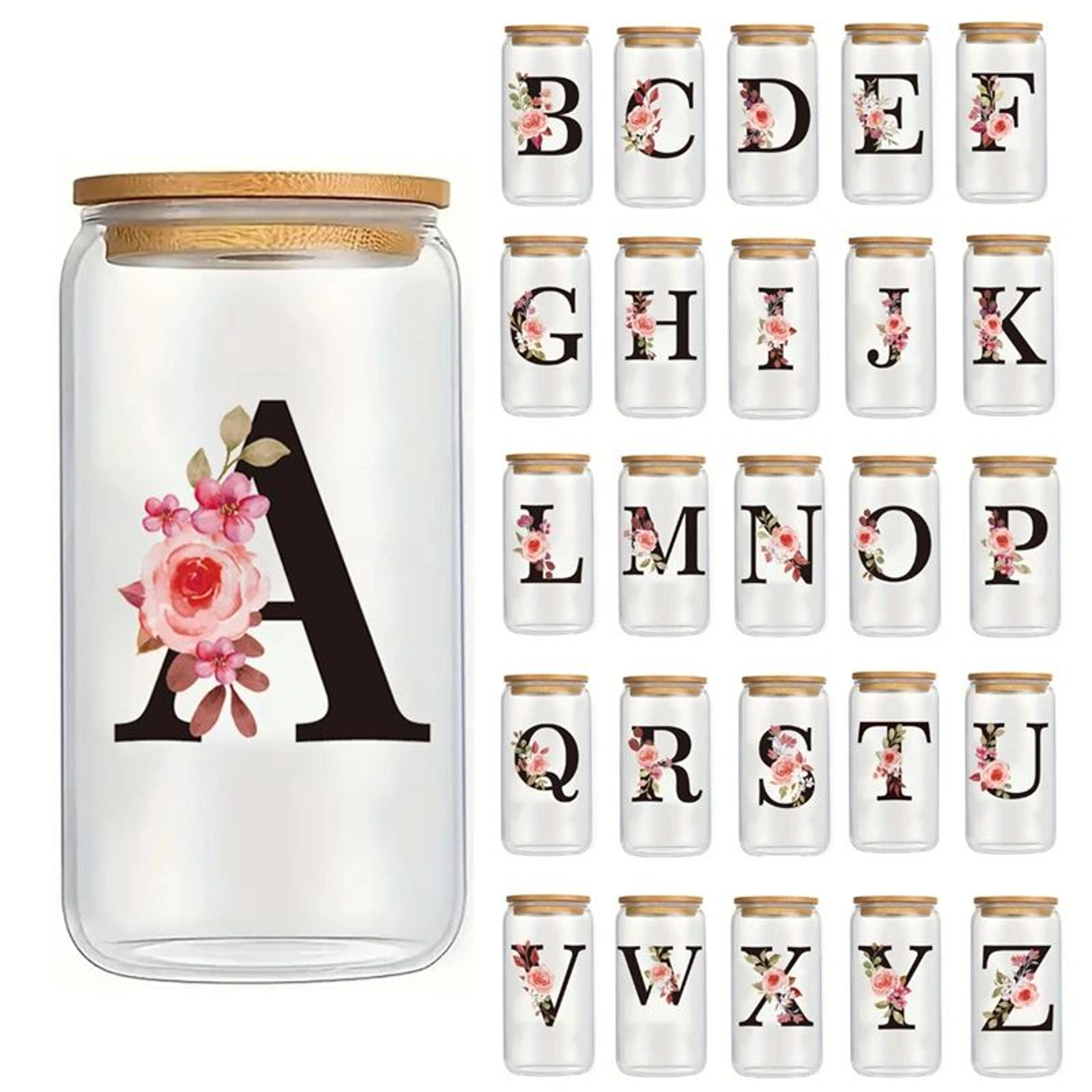 alphabet floral drink glass – a-z letter cup with lid, straw and brush for iced coffee, water, juice and birthday gift