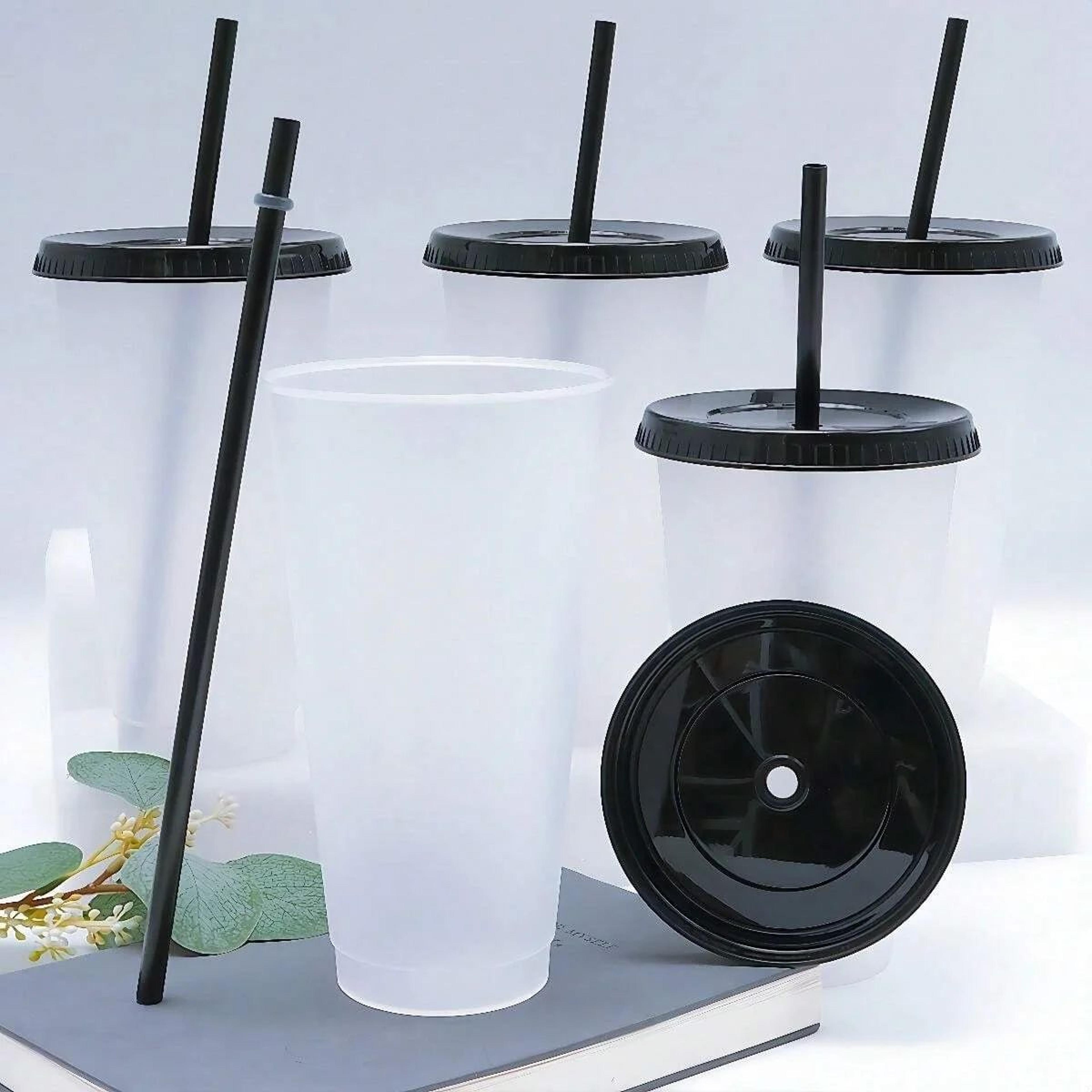 clear reusable tumblers – plastic cups with black lids & straws for iced coffee, water, smoothies & party refreshments