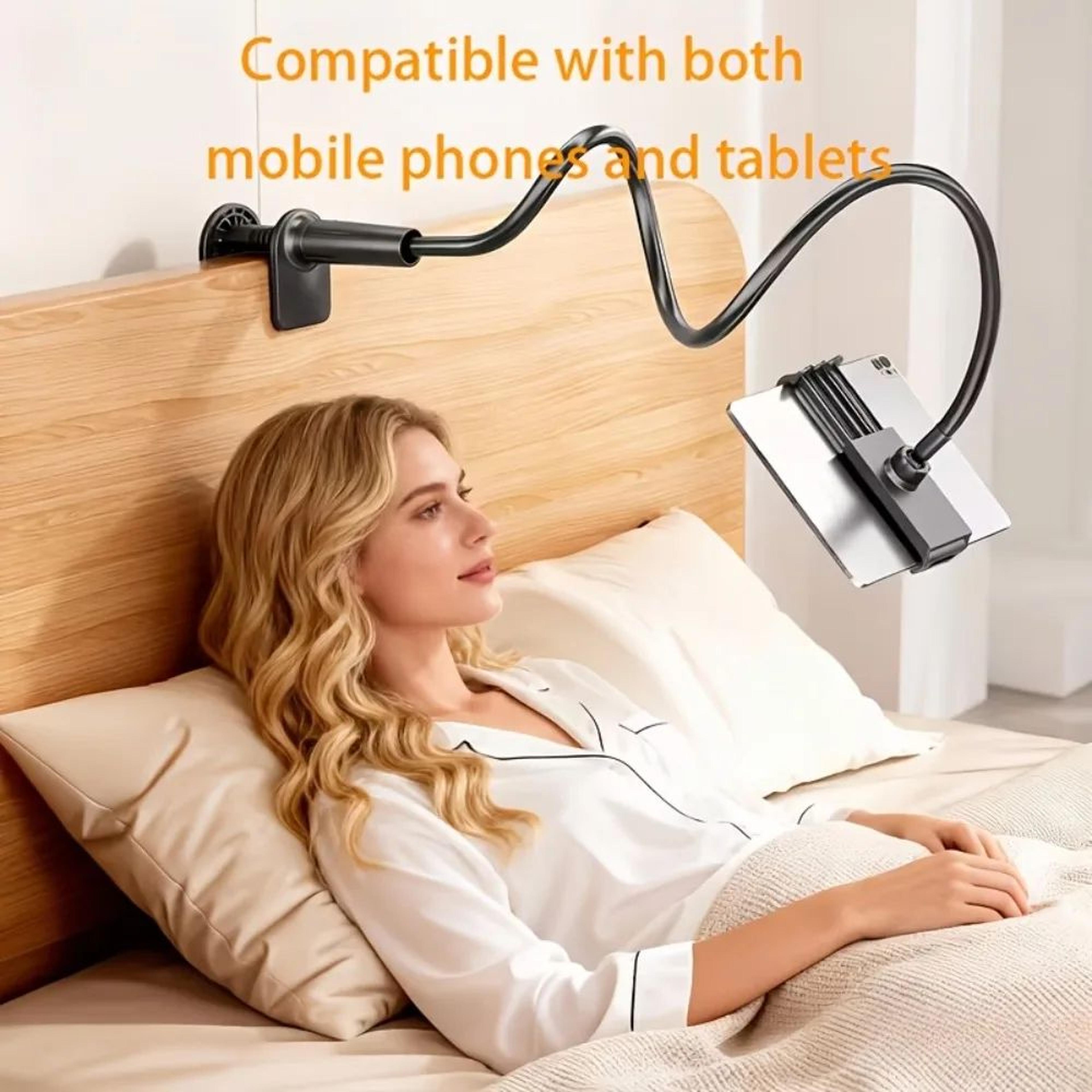 gooseneck phone & tablet holder – flexible arm stand with swivel base for comfortable bedside viewing and desk viewing