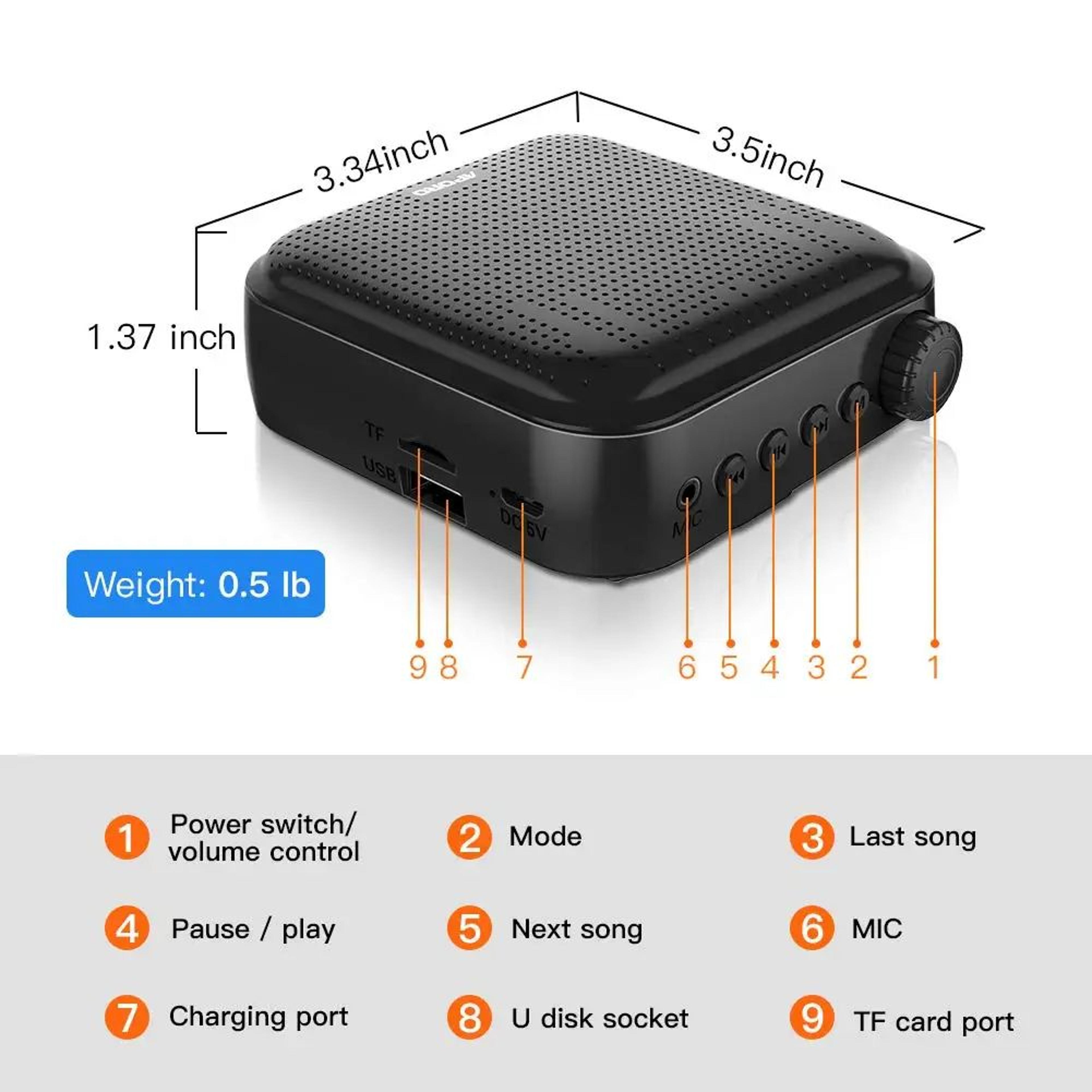 Portable Voice Amplifier  12 W Personal Speaker With Wired Headset Music Playback And Waistband For 4