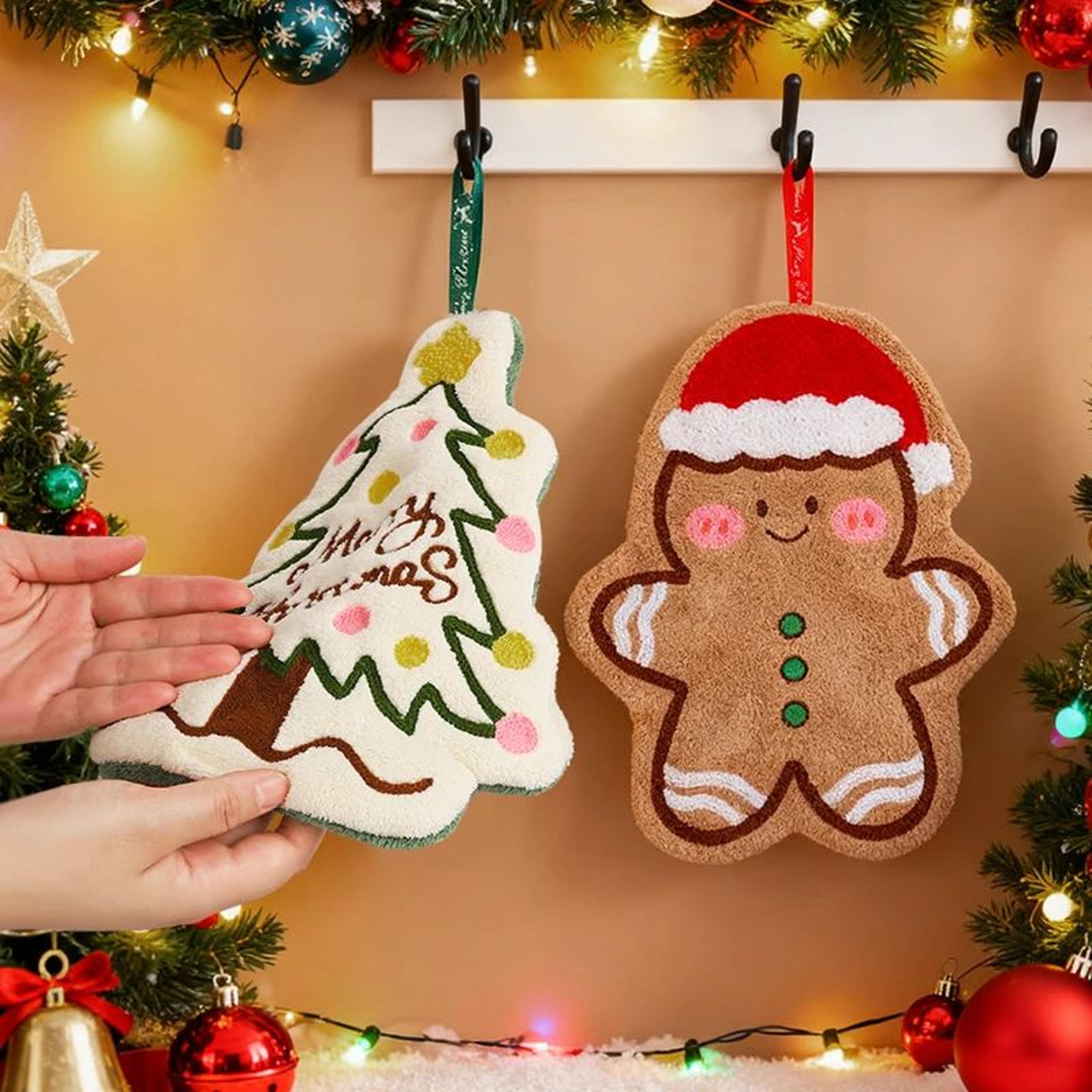 christmas hanging hand towel – coral fleece gingerbread, snowman & tree designs for festive kitchen and bathroom decor
