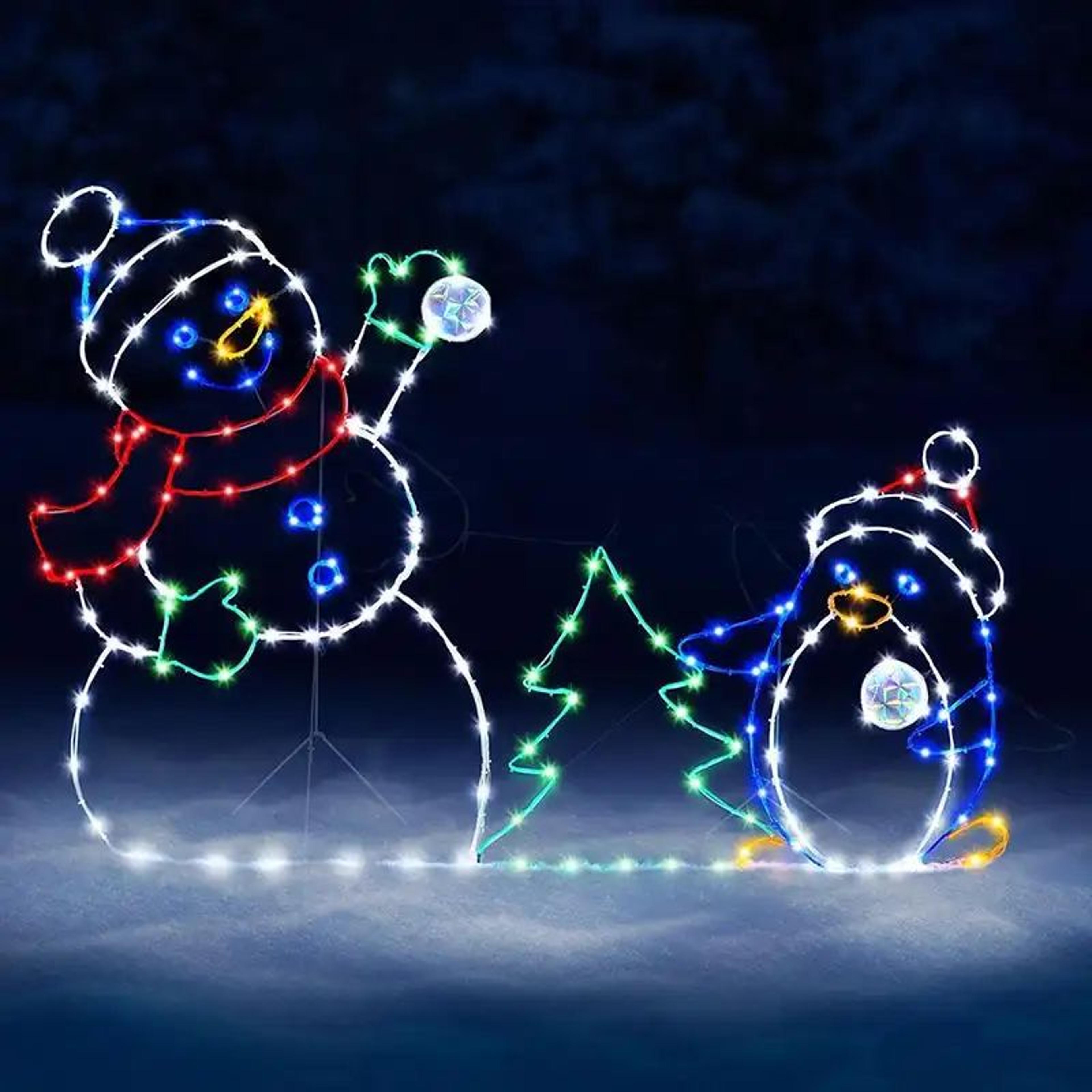 Animated Christmas Snowman Lights  195 LED Snowball Fight Display With Penguin  Ground Stakes For F 1