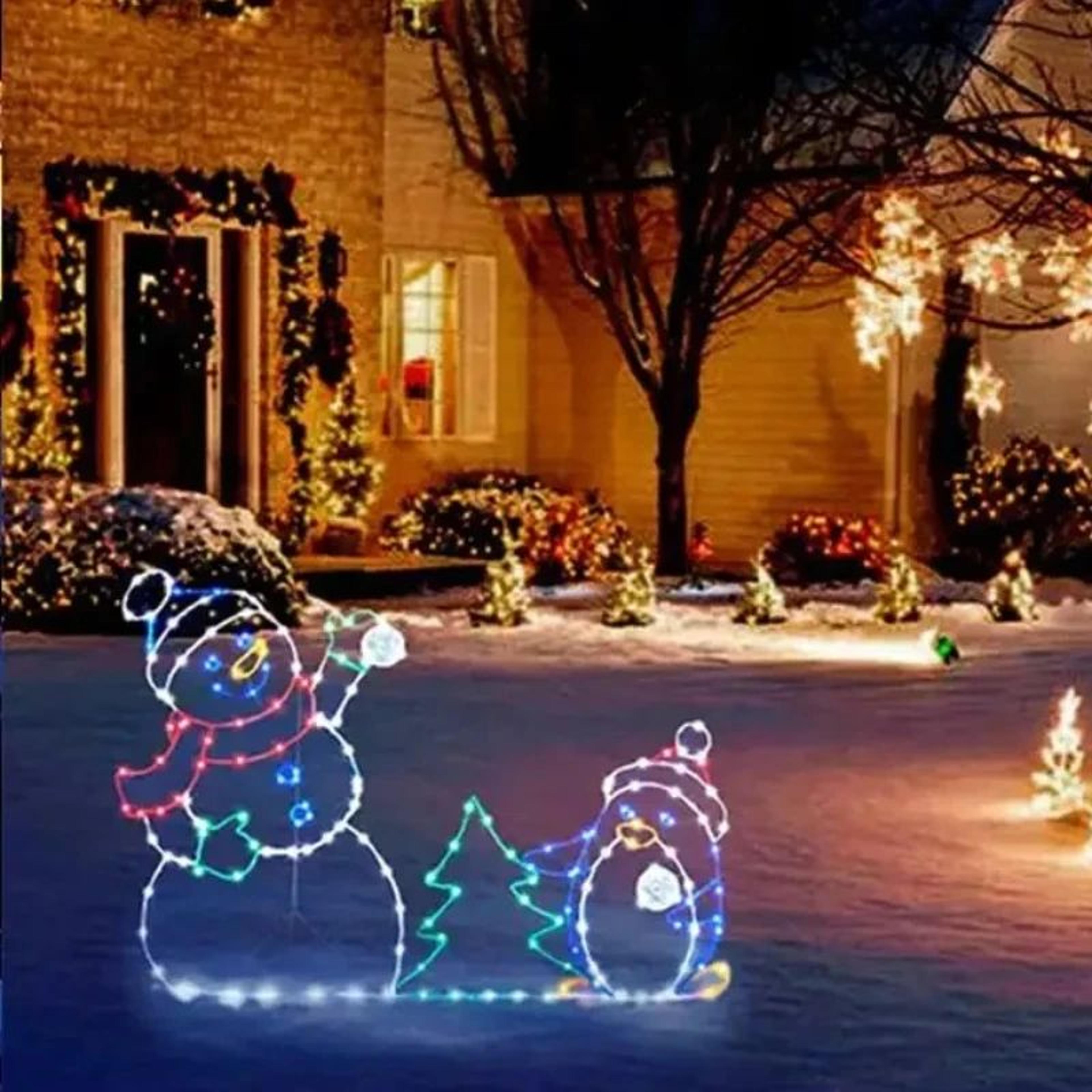 Animated Christmas Snowman Lights  195 LED Snowball Fight Display With Penguin  Ground Stakes For F 2