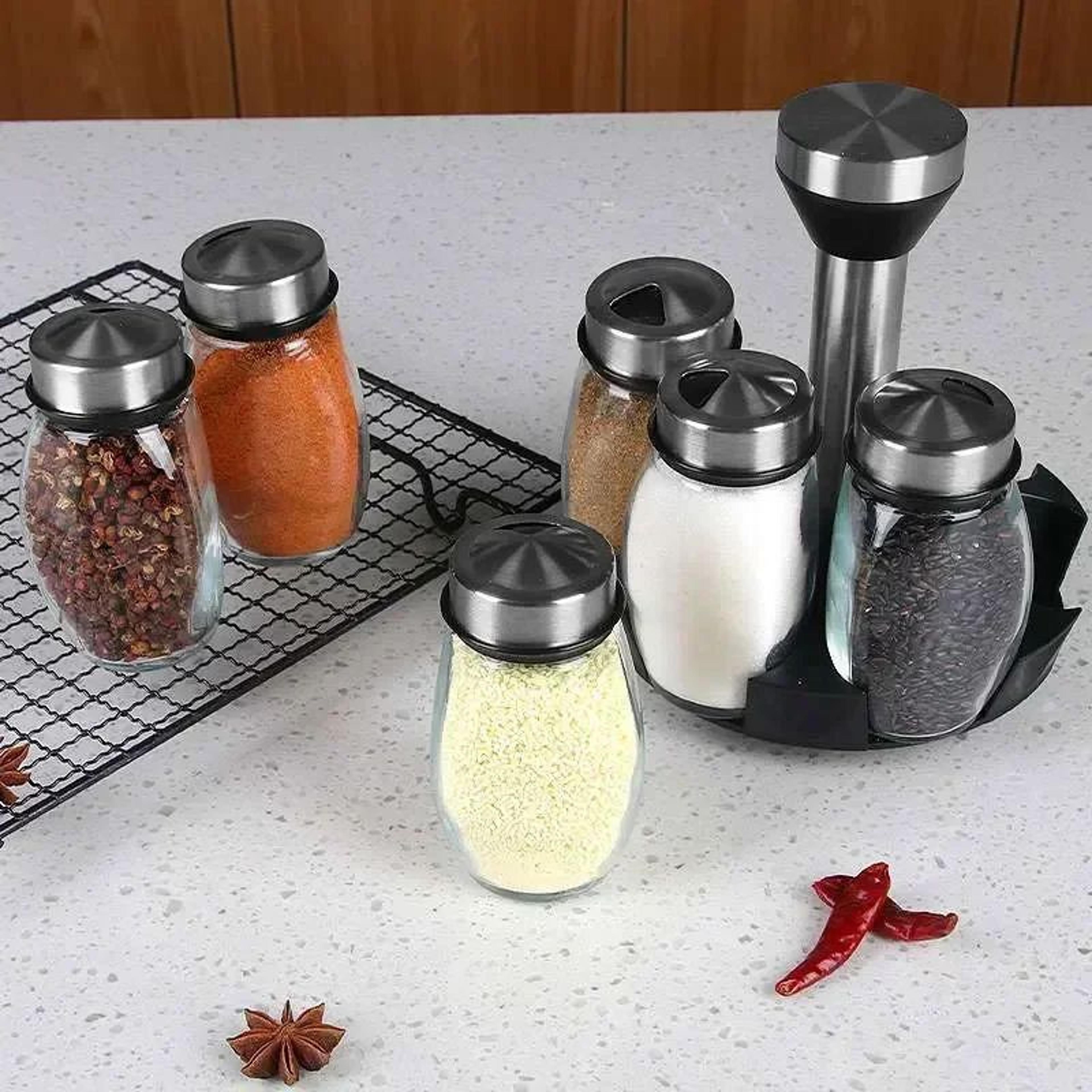 Rotating Spice Jar Display  Clear Seasoning Bottles With Adjustable Lids For Organized Salt Pepper  2