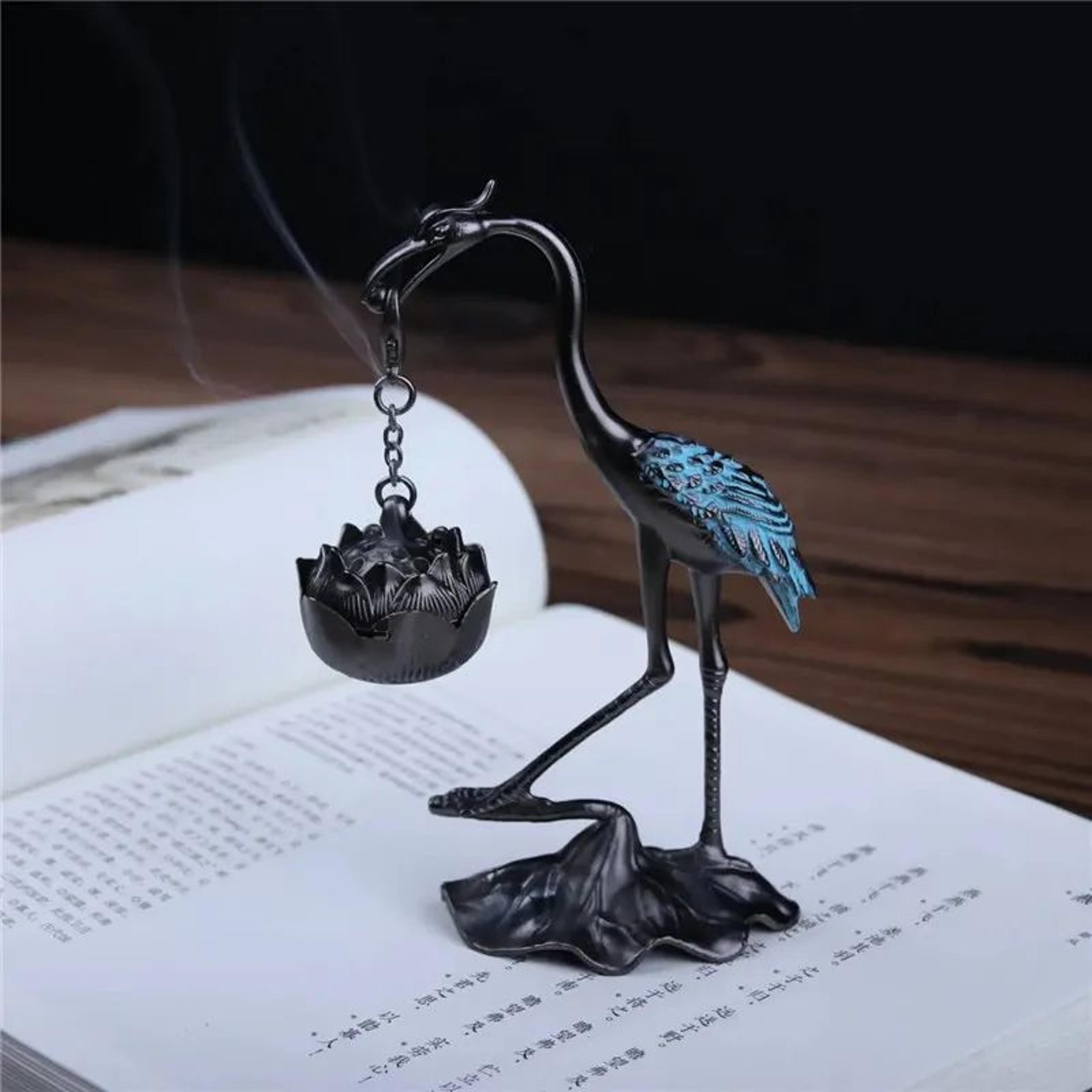 Crane Lotus Incense Burner  AntiqueStyle Alloy Hanging Holder For Coils  Cones Tea Ceremony Decor   1