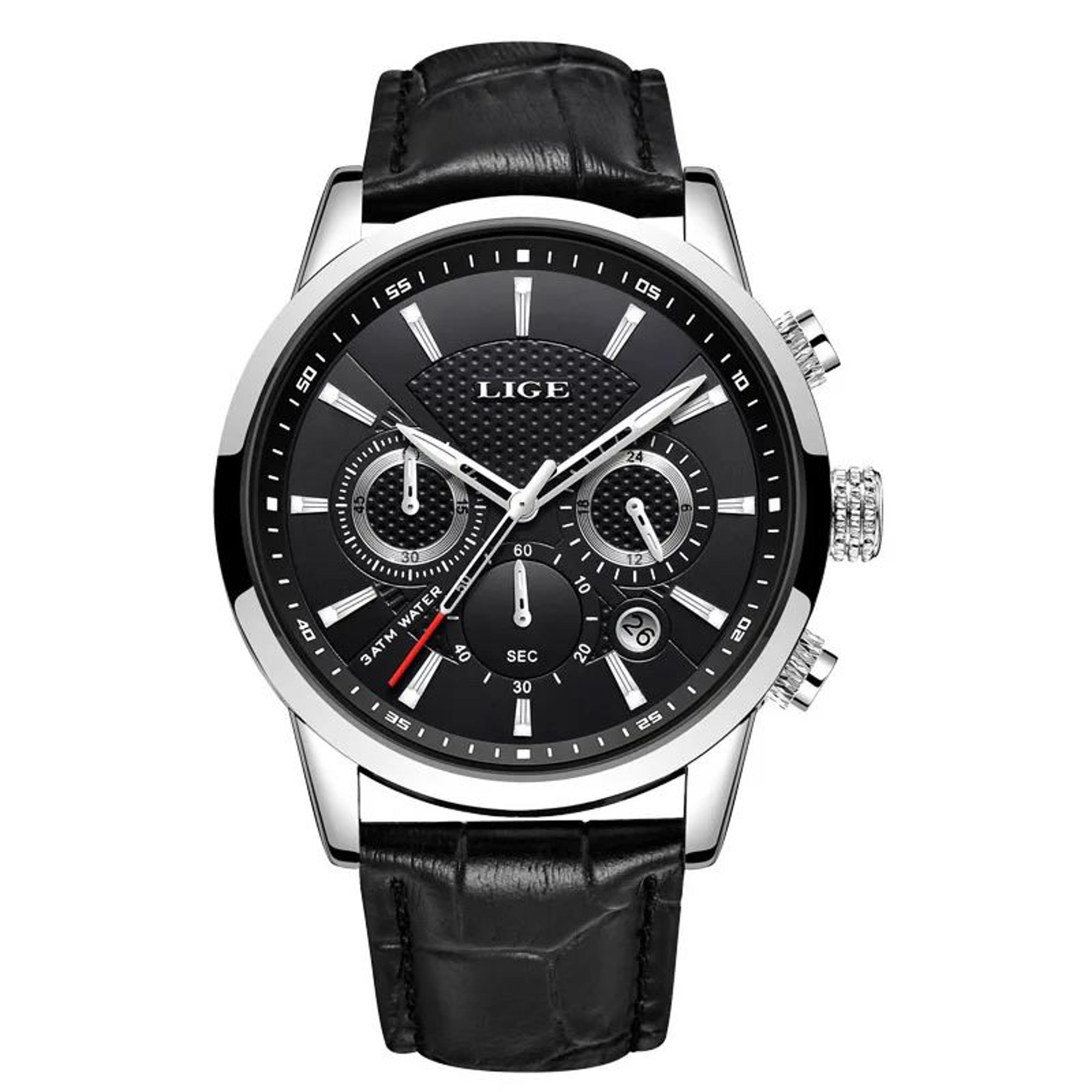 Mens Quartz Chronograph Watch  Leather Strap Steel Case  Date Display With Luminous Hands For Work  6