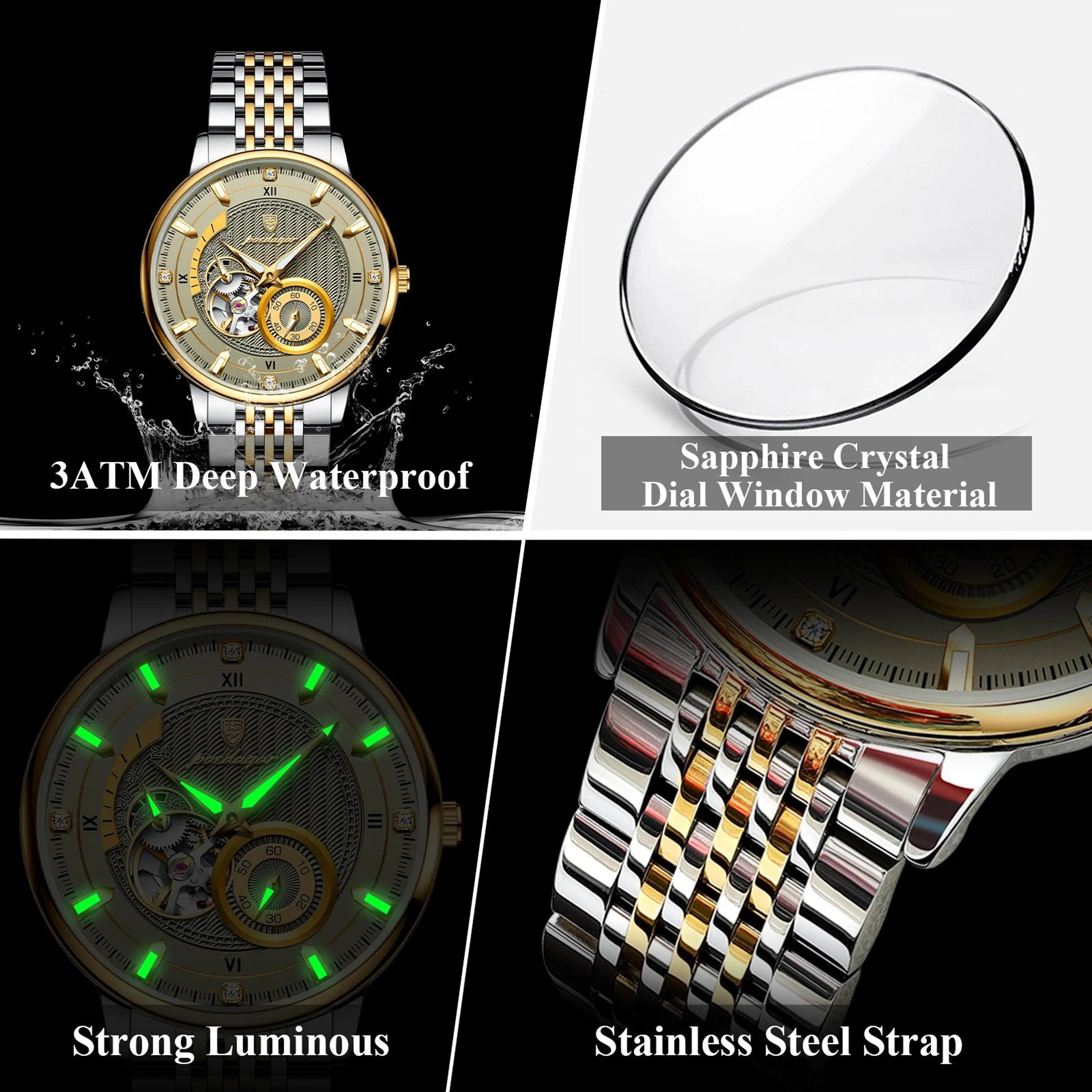Mens Automatic Mechanical Watch  Openwork Dial Luminous Details  Stainless Steel Styling With Gift  3