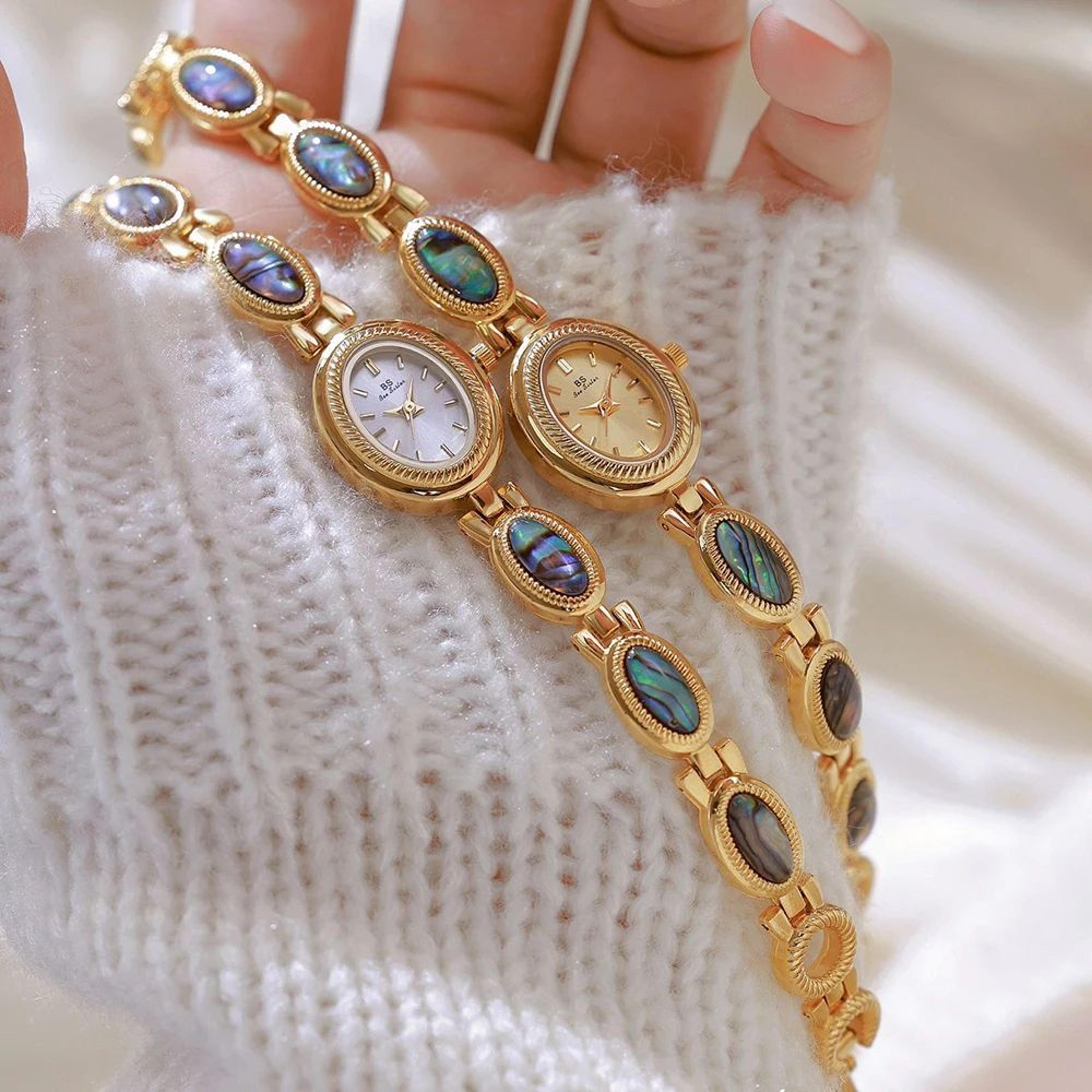 women's vintage quartz watch – gold-tone bracelet with colorful shell detail for elegant dress styling & special gifts