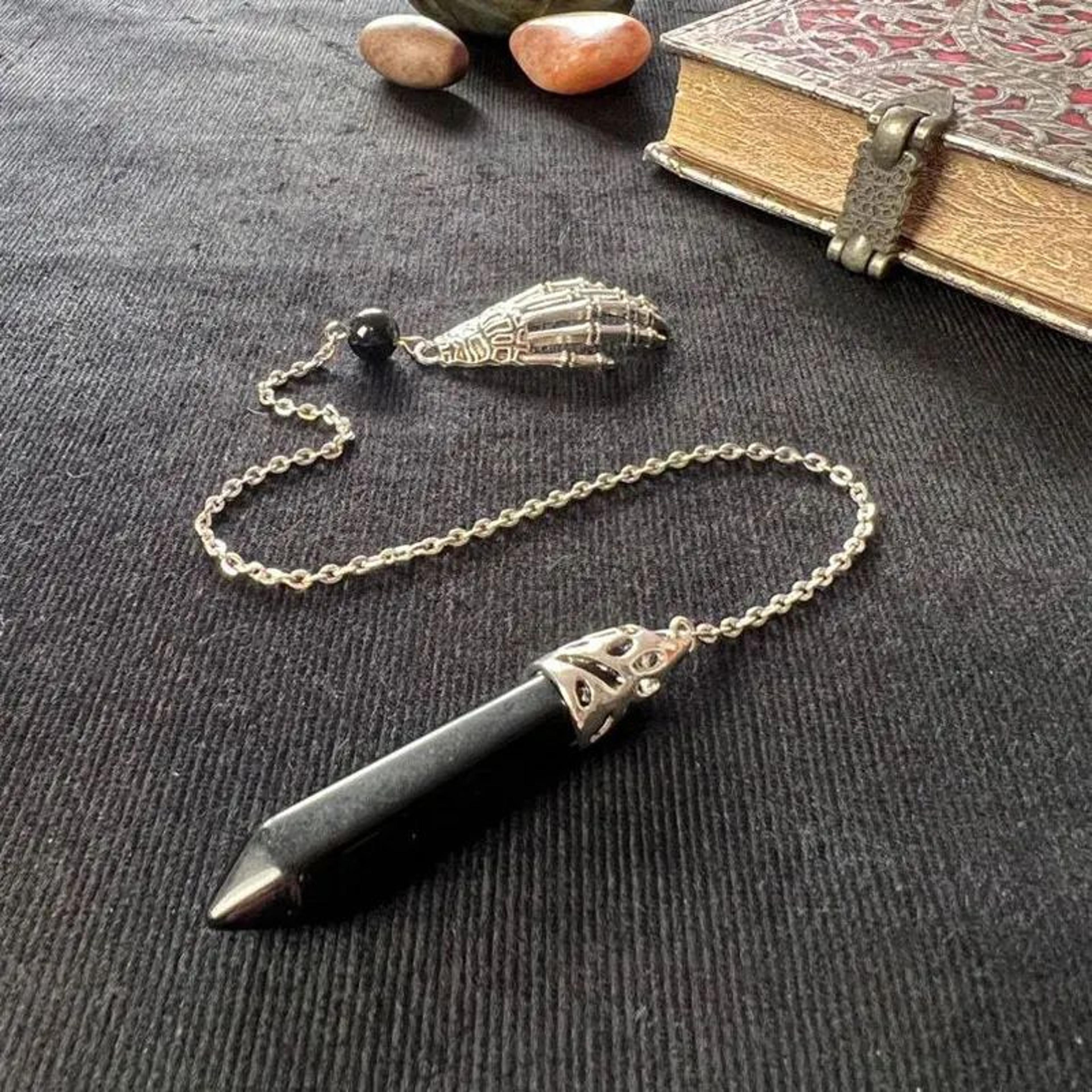 Black Obsidian Pendulum  Natural Stone Pendant With Vintage Gothic Chain For Divination Dowsing  De 5