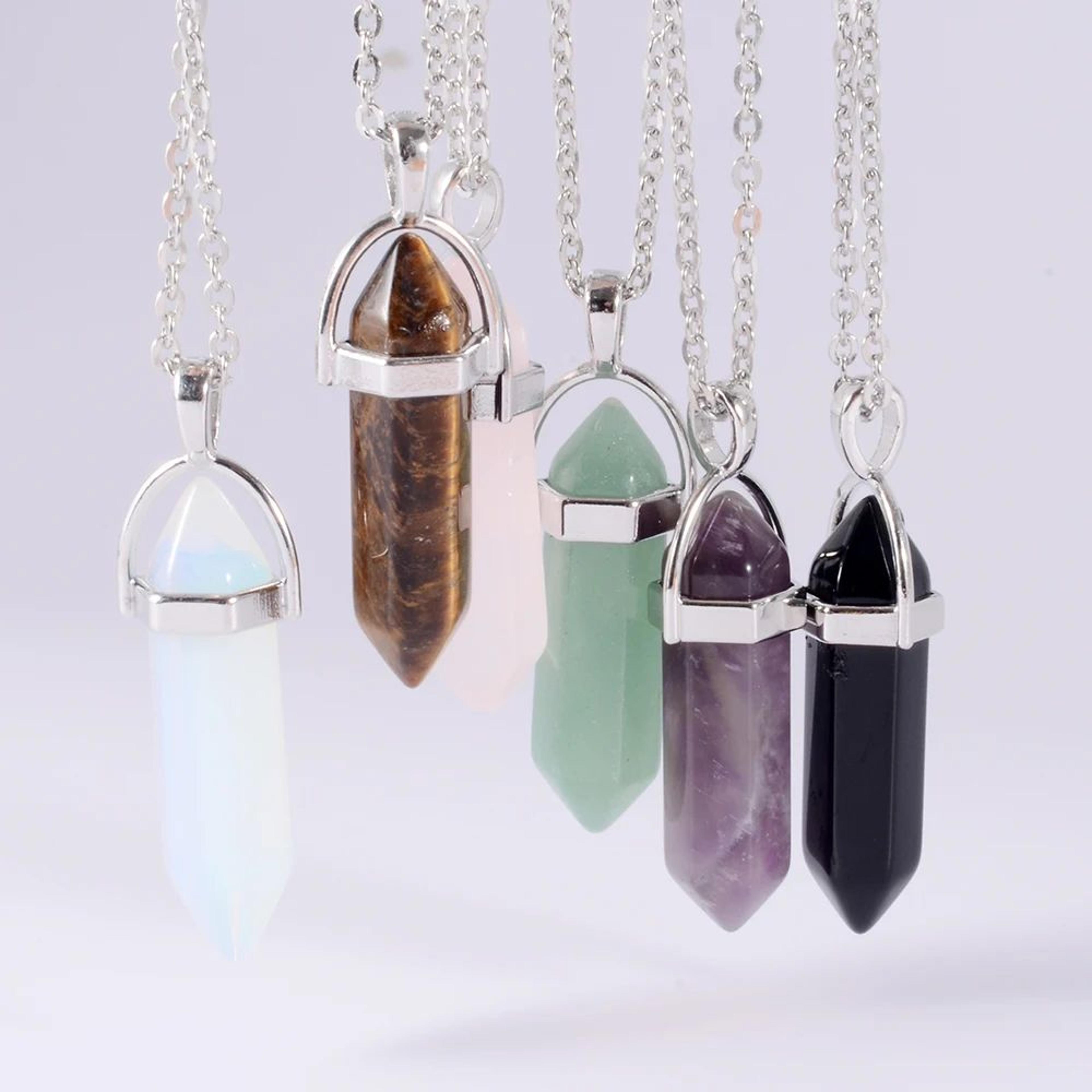 Crystal Point Pendant Necklace  Hexagonal Quartz Or Obsidian With Stainless Steel For Chakra Style