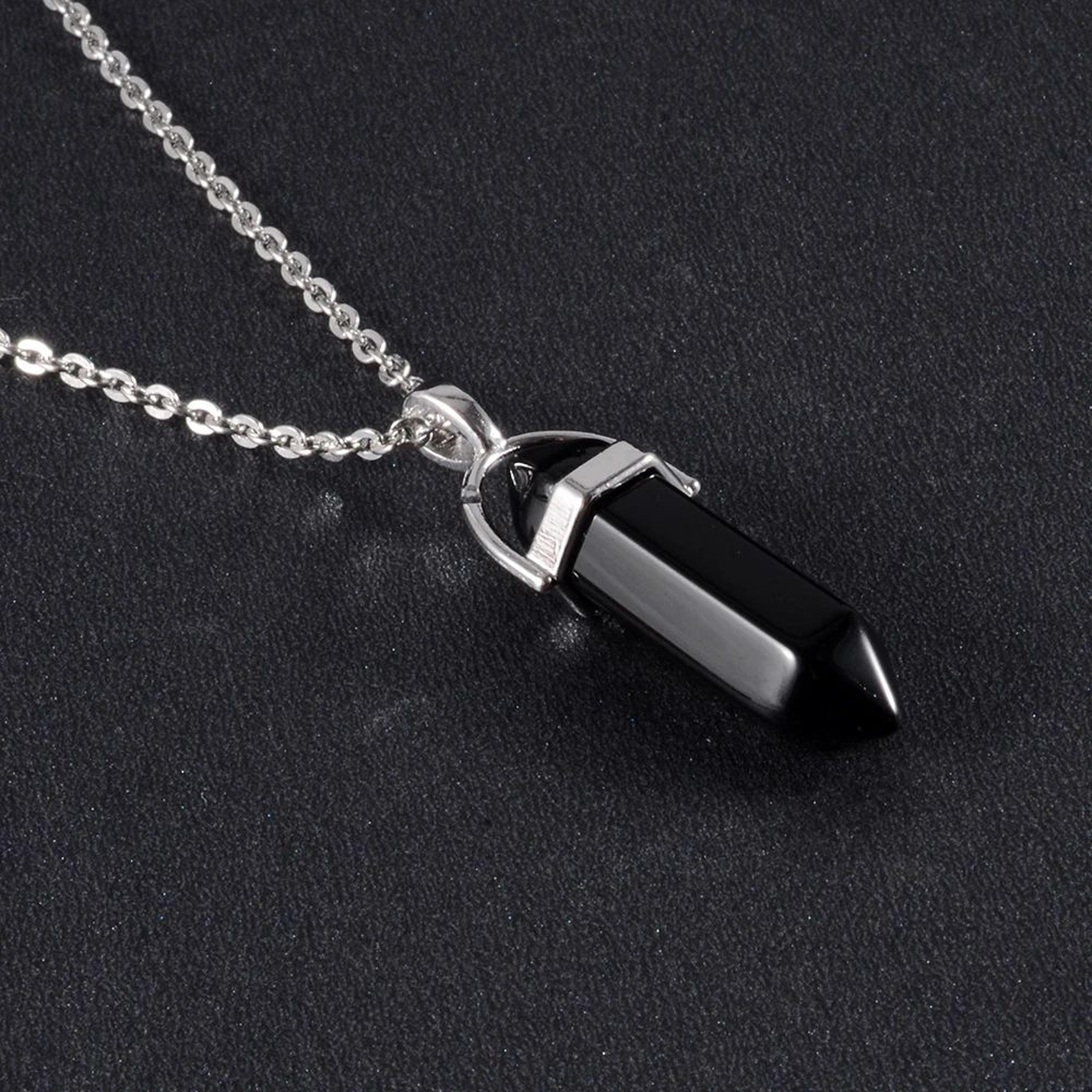 Crystal Point Pendant Necklace  Hexagonal Quartz Or Obsidian With Stainless Steel For Chakra Style