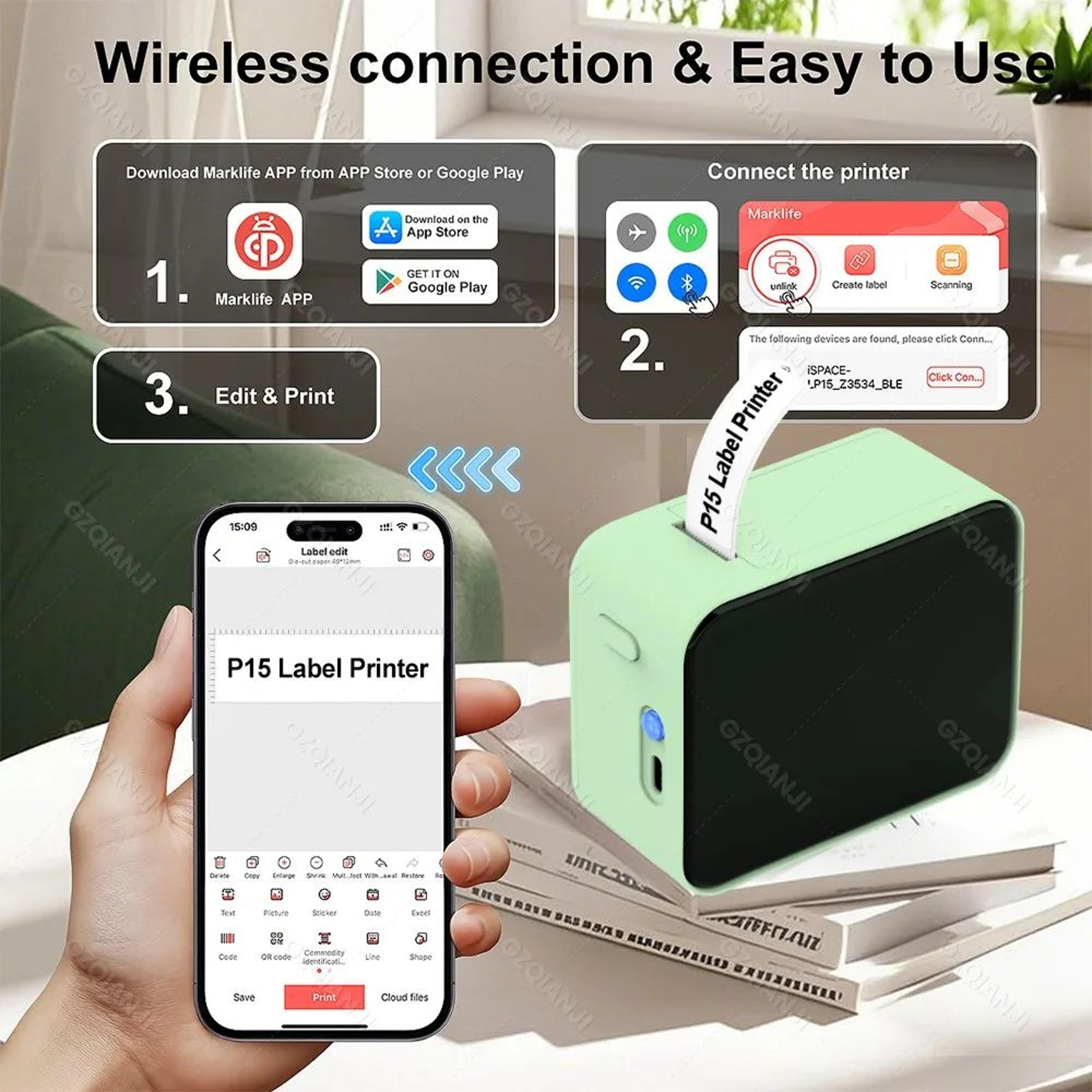 Mini Label Printer  P15 Bluetooth Inkless Sticker Maker With App Editing  Bulk Printing For Home  O 2