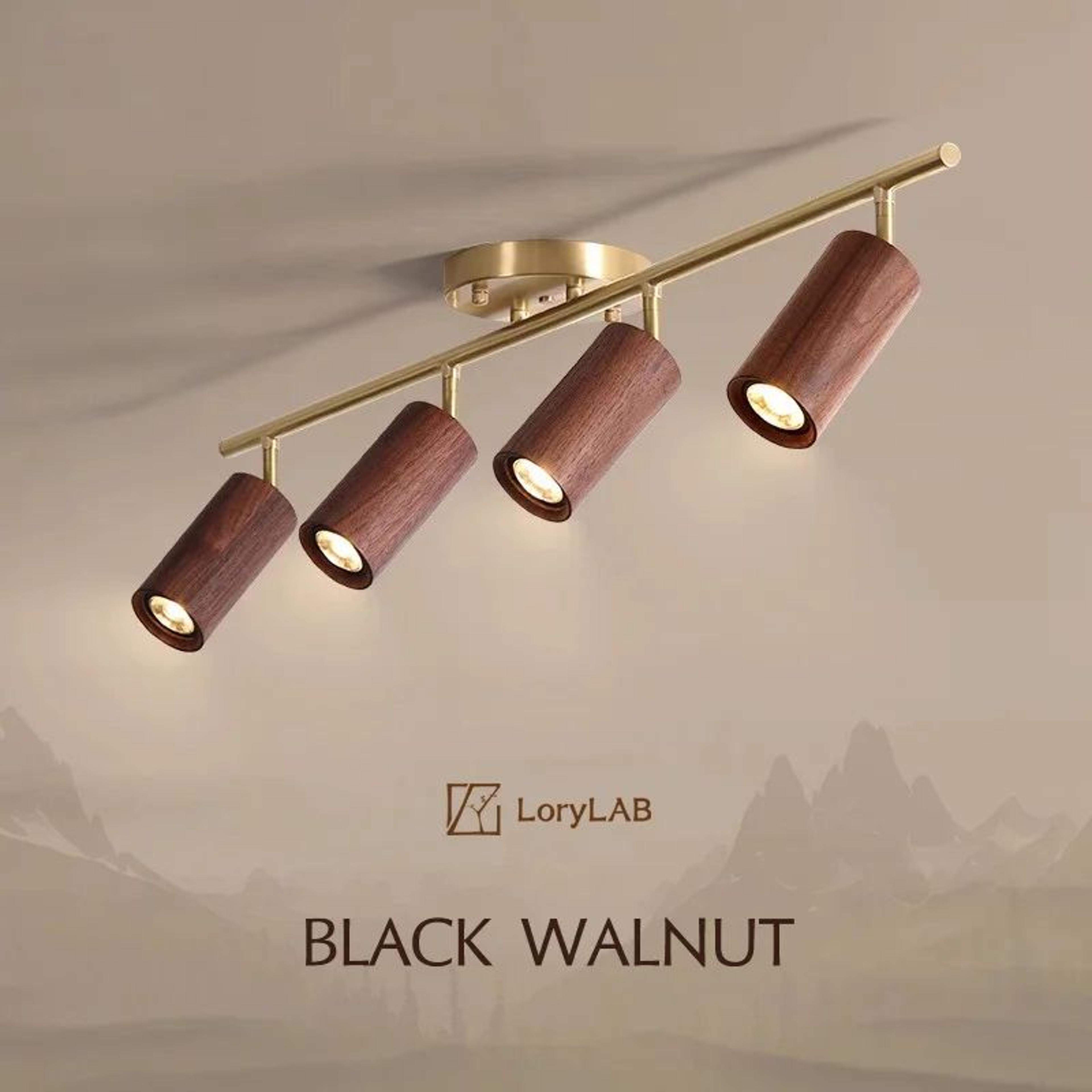 walnut wood & brass spotlight – led ceiling light fixture for living room, dining room, kitchen island, hall & bedroom