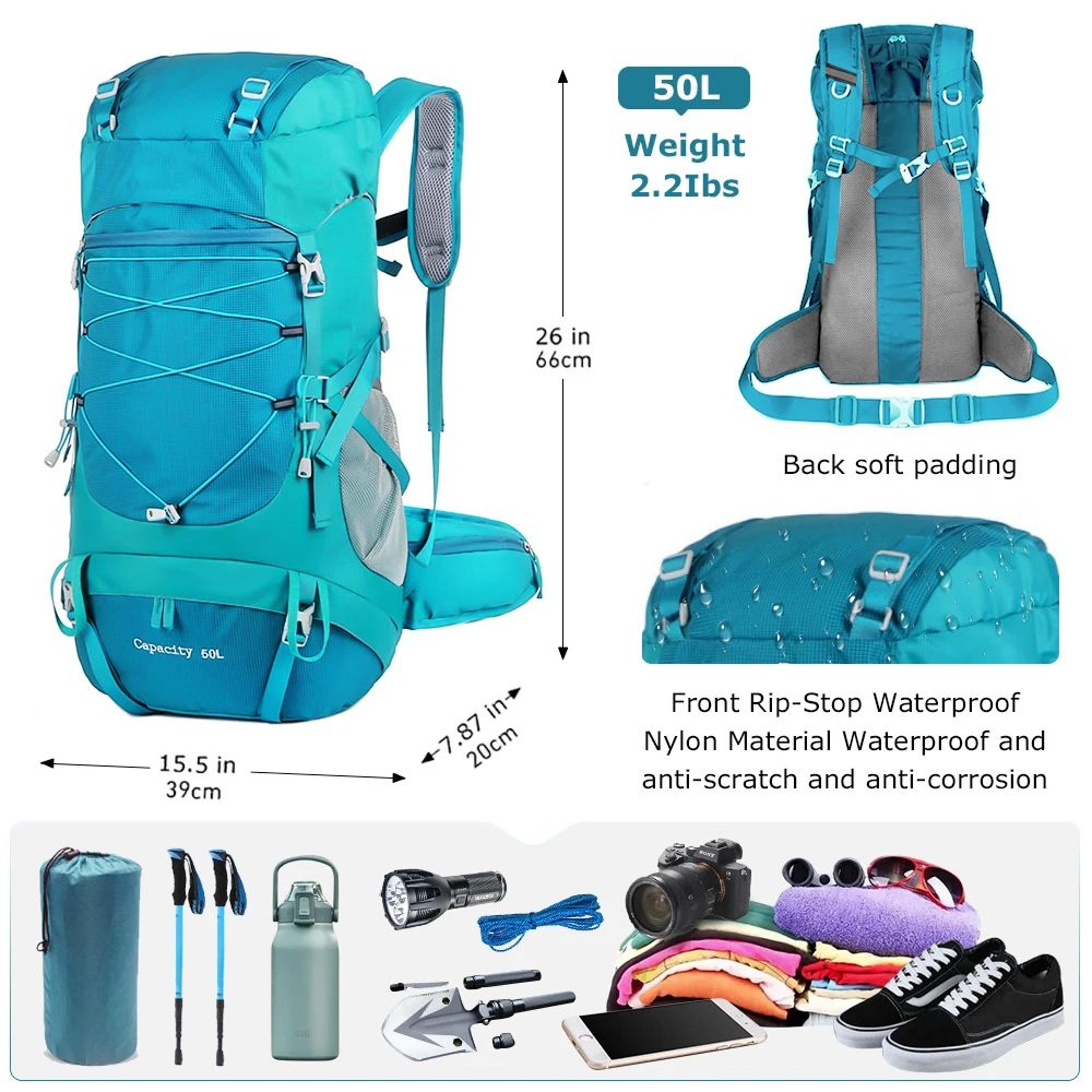 WESTTUNE 50L Hiking Backpack With Rain Cover Multifunctional Outdoor Rucksack 1