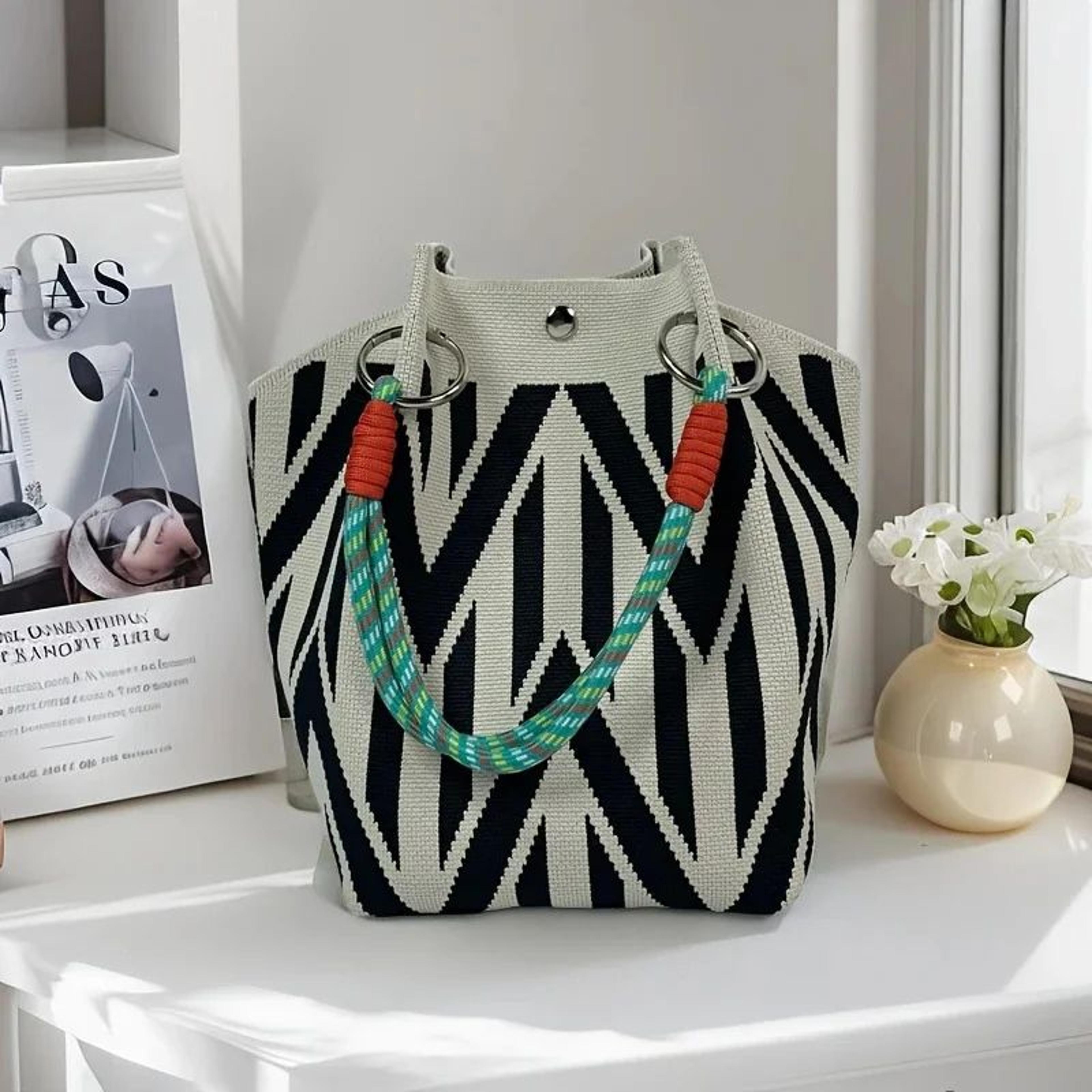 Vintage Floral Knit Tote Bag For Women 9