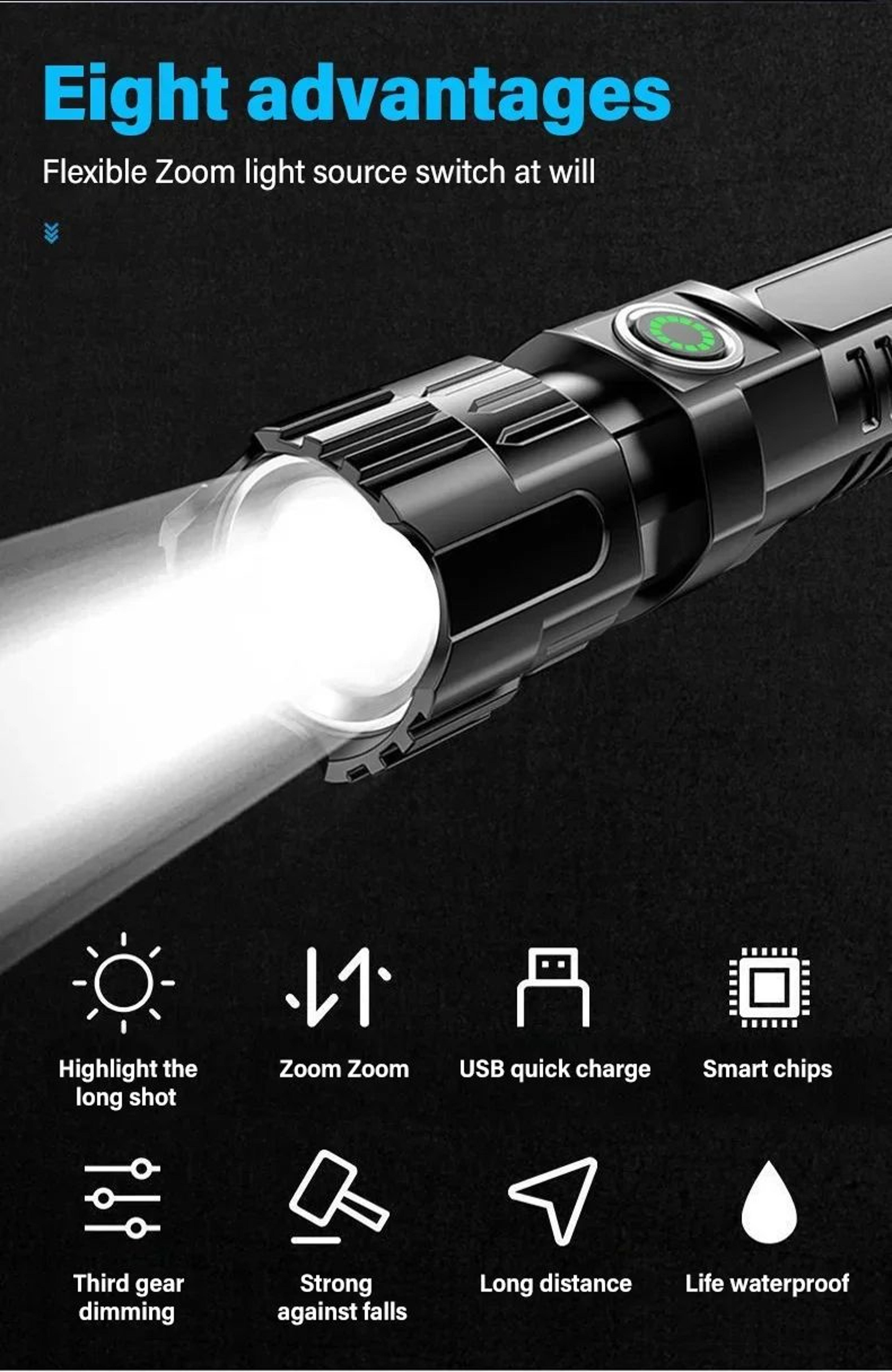 High Power Tactical LED Flashlight With USB Charging 7