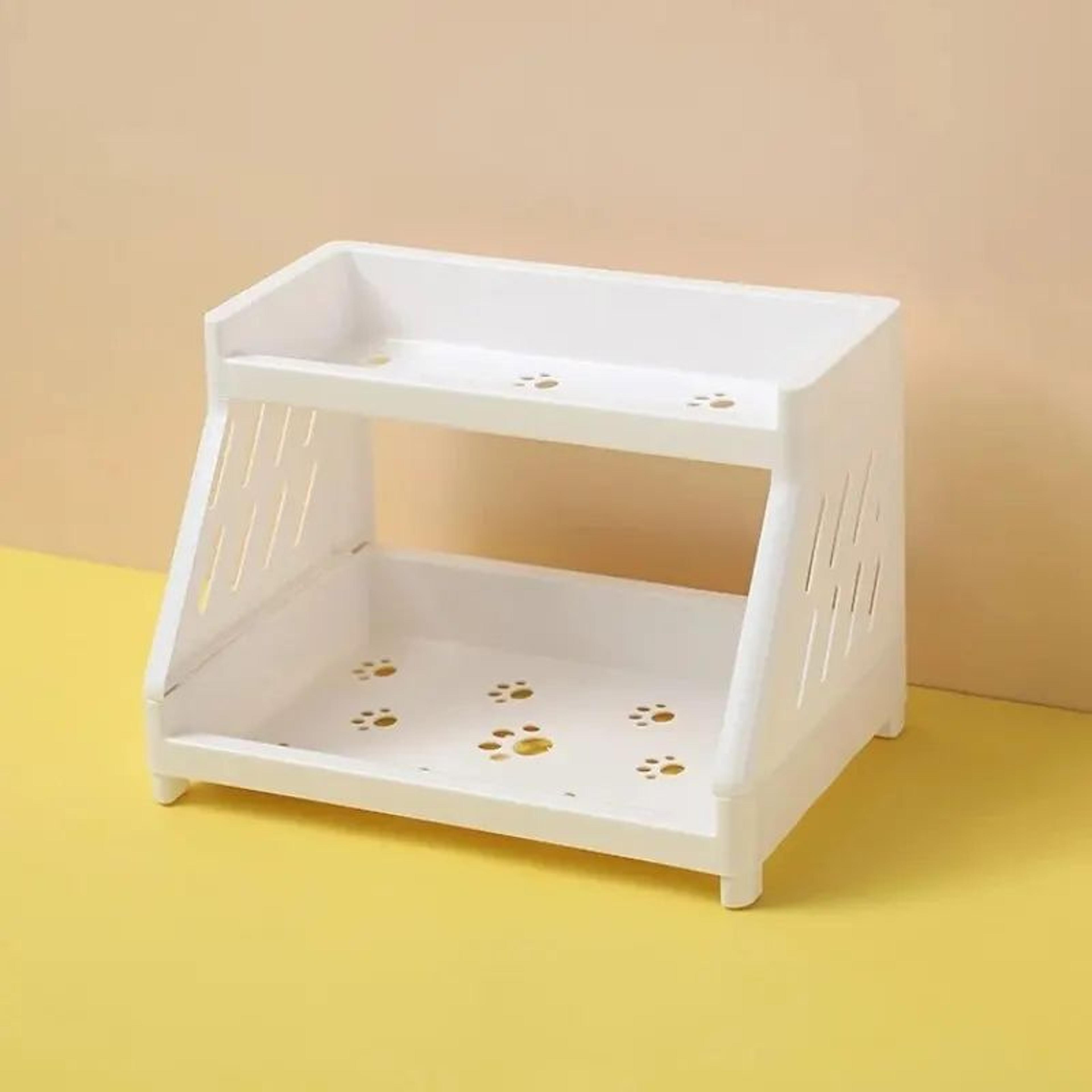 White Double Tier Desktop Storage Shelf With Cats Paw Design 3