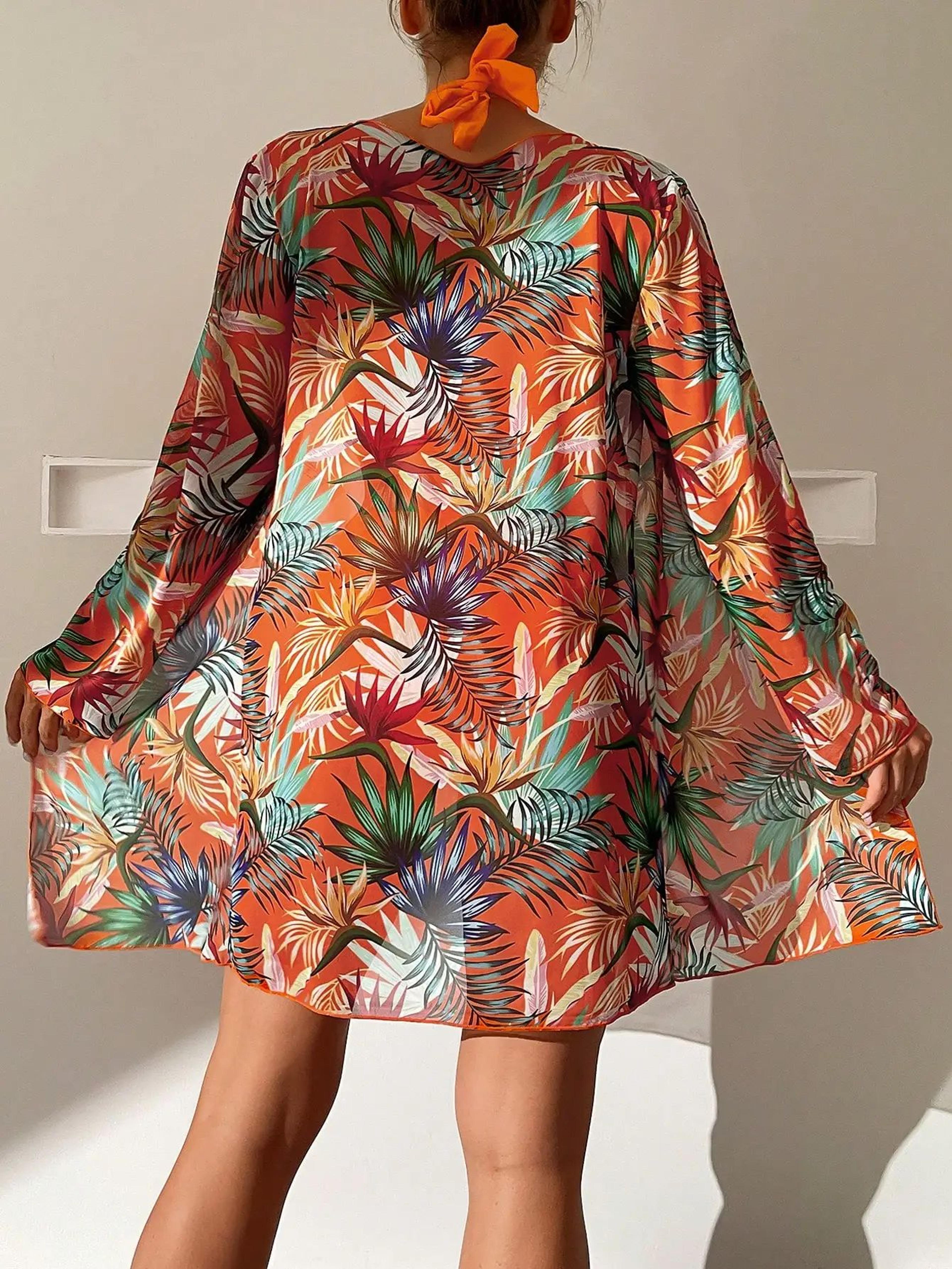 3PCS Halter Print Bikini Set With Kimono High Waist Swimwear For Women 5