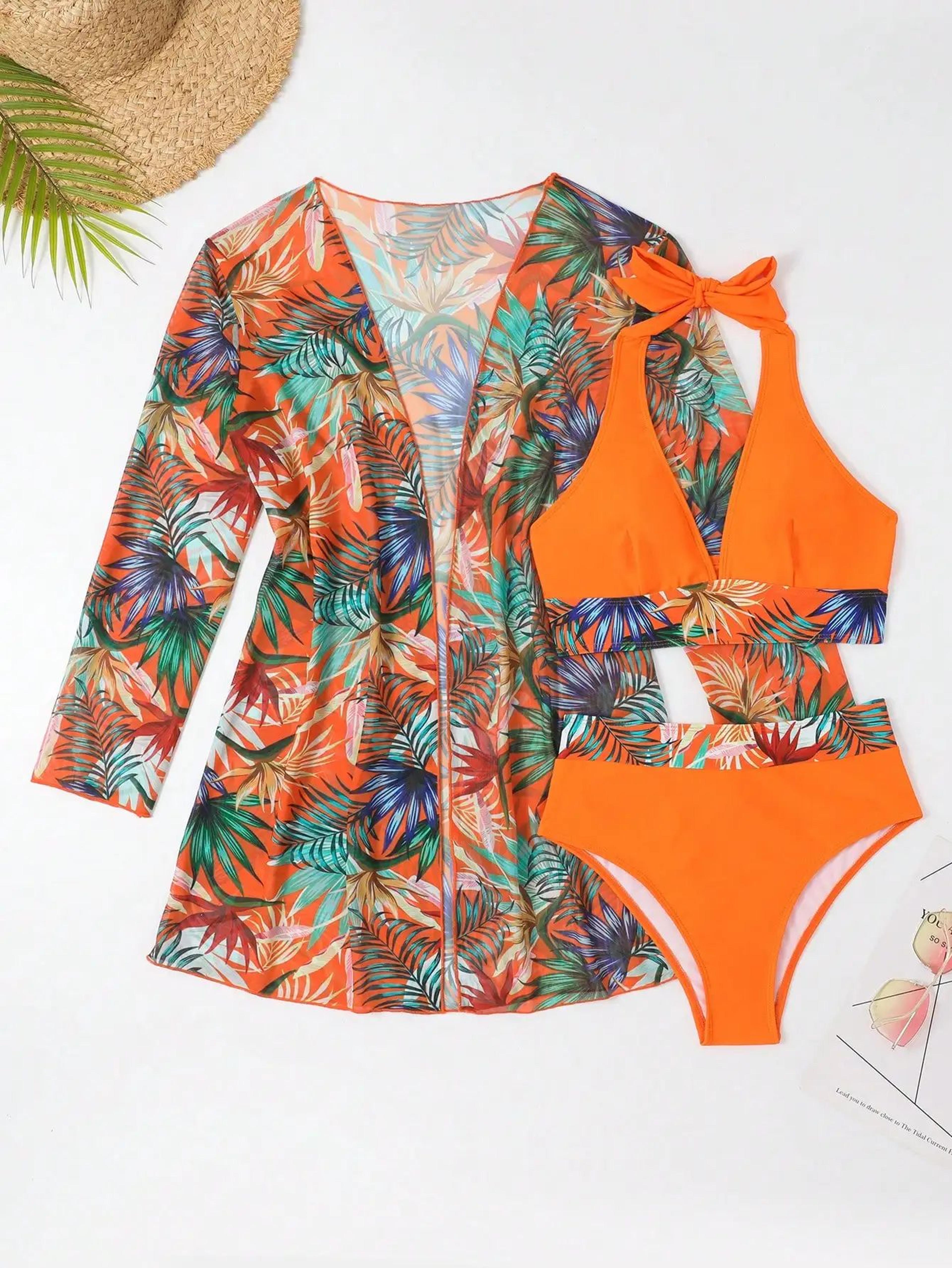 3PCS Halter Print Bikini Set With Kimono High Waist Swimwear For Women 10