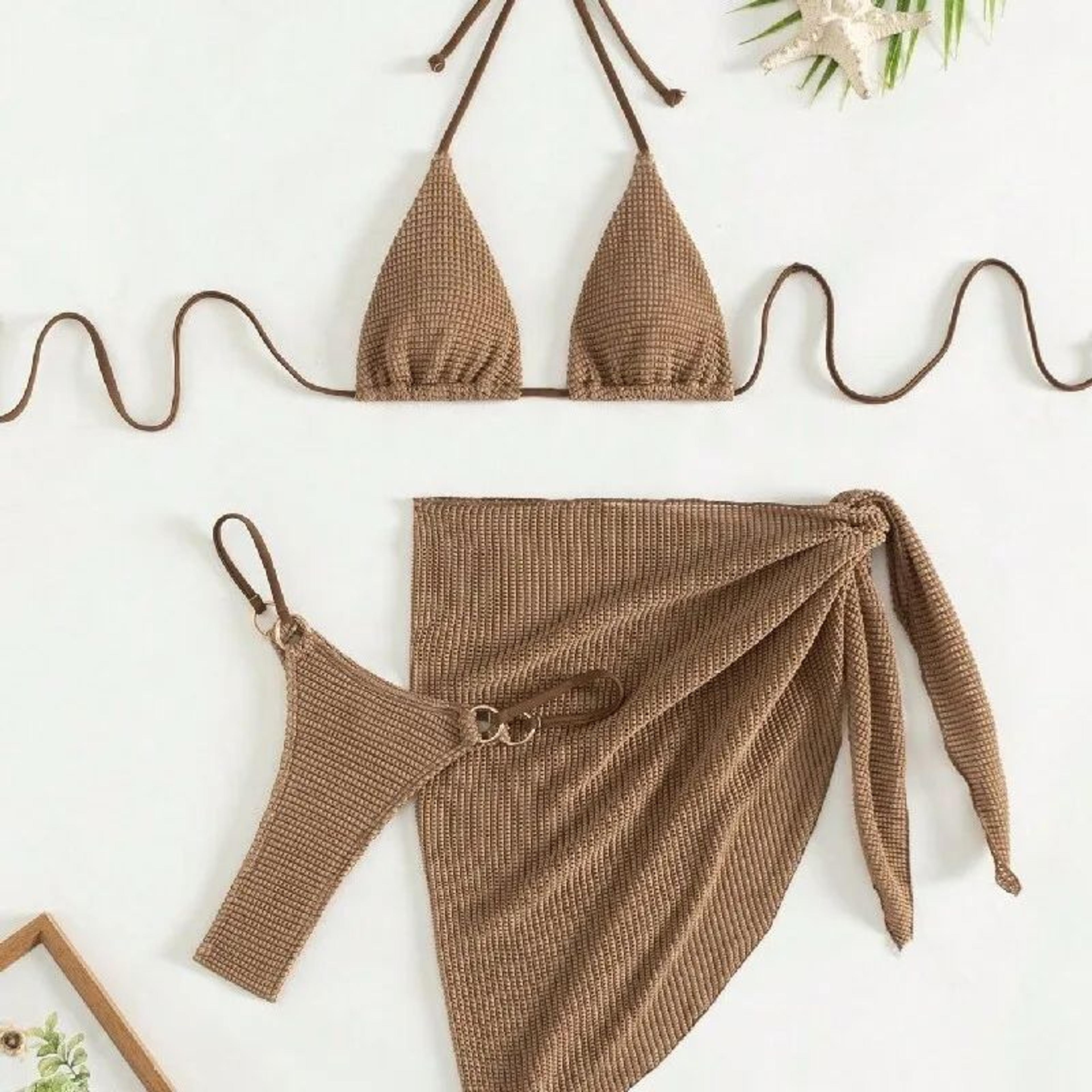 2025 sexy brown halter push-up bikini set with skirt cover-up