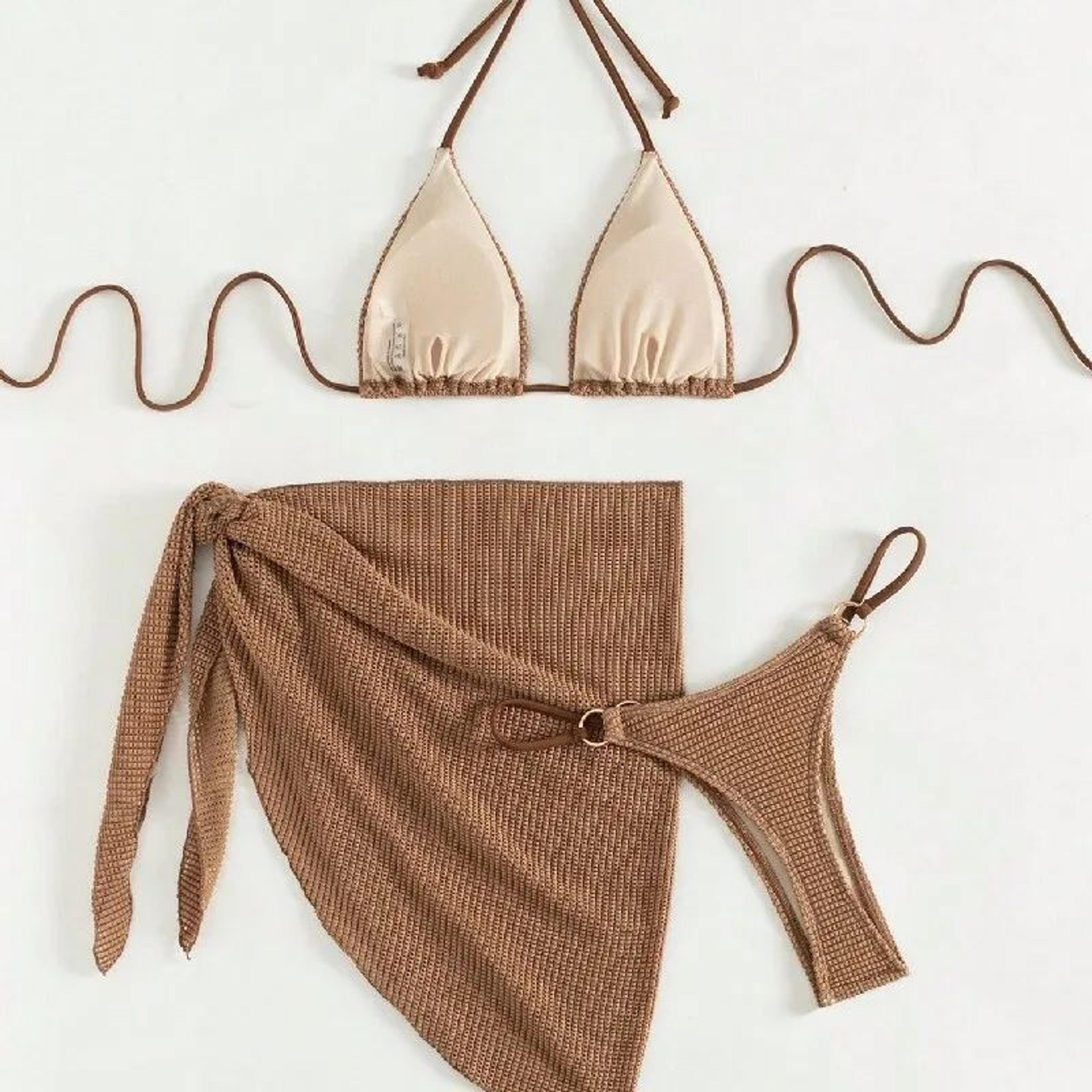 2025 Sexy Brown Halter PushUp Bikini Set With Skirt CoverUp 1