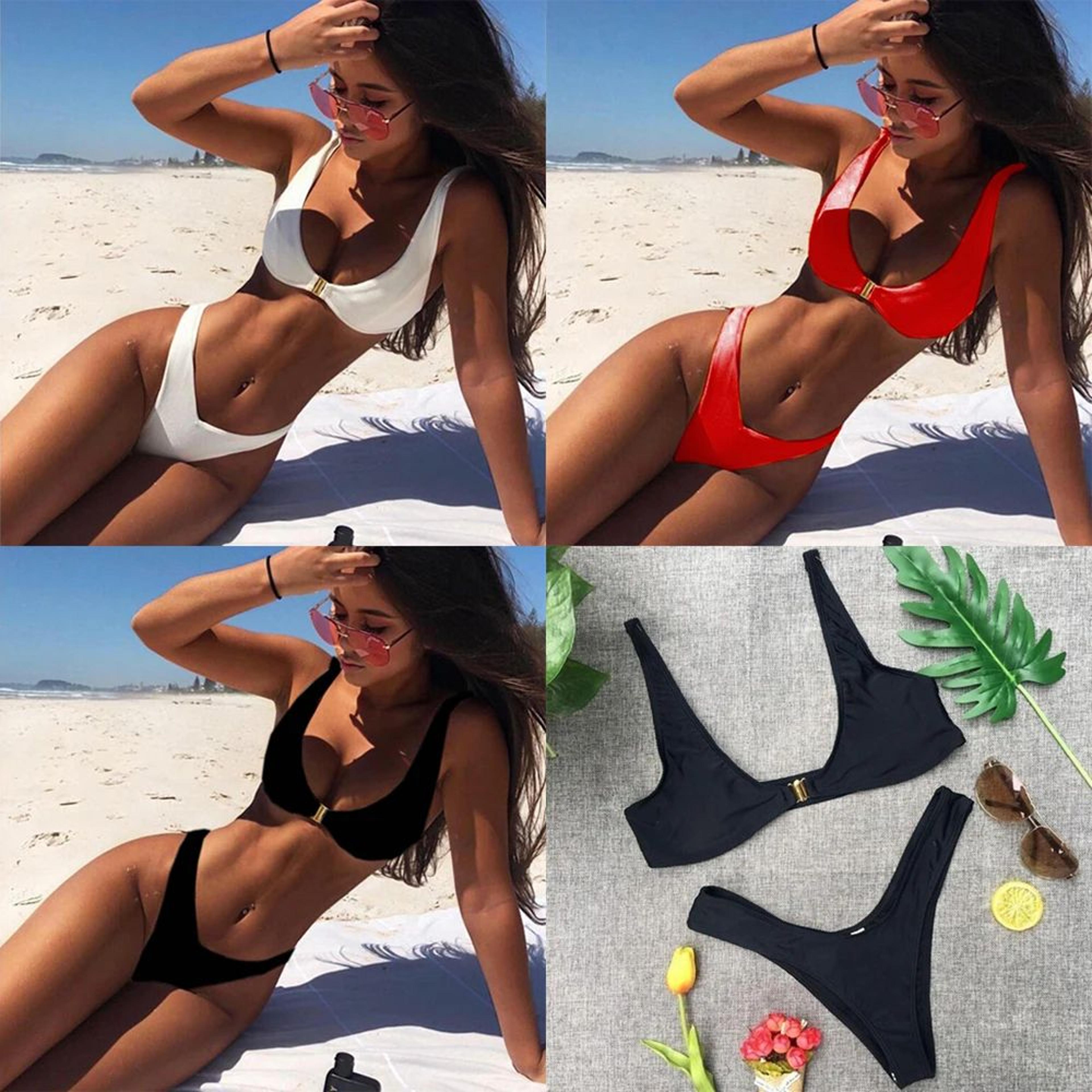 Solid Color V Thong Bikini Set Women Low Waist Swimwear 2