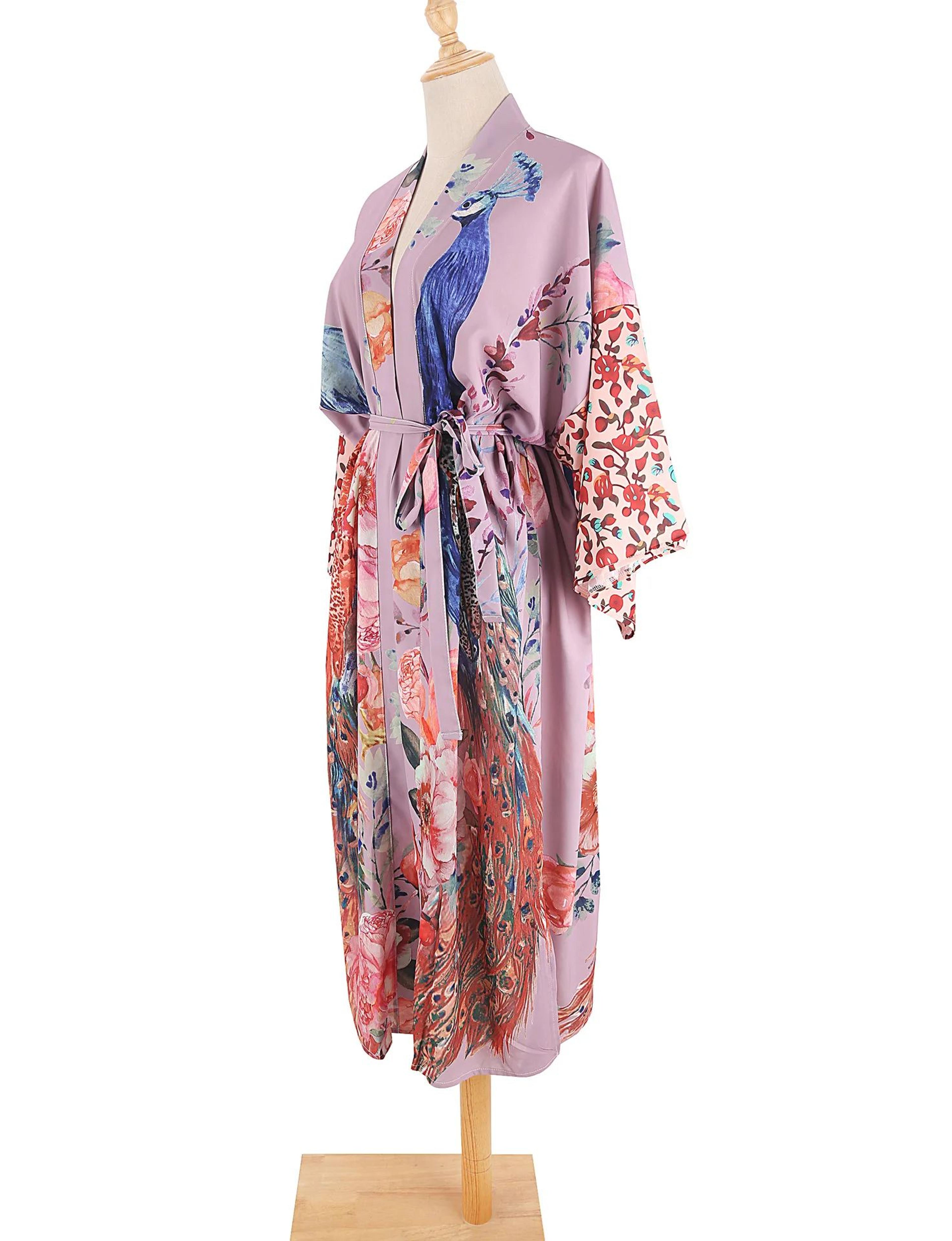 Peacock Print Belted Beach Kimono Cover Up 7
