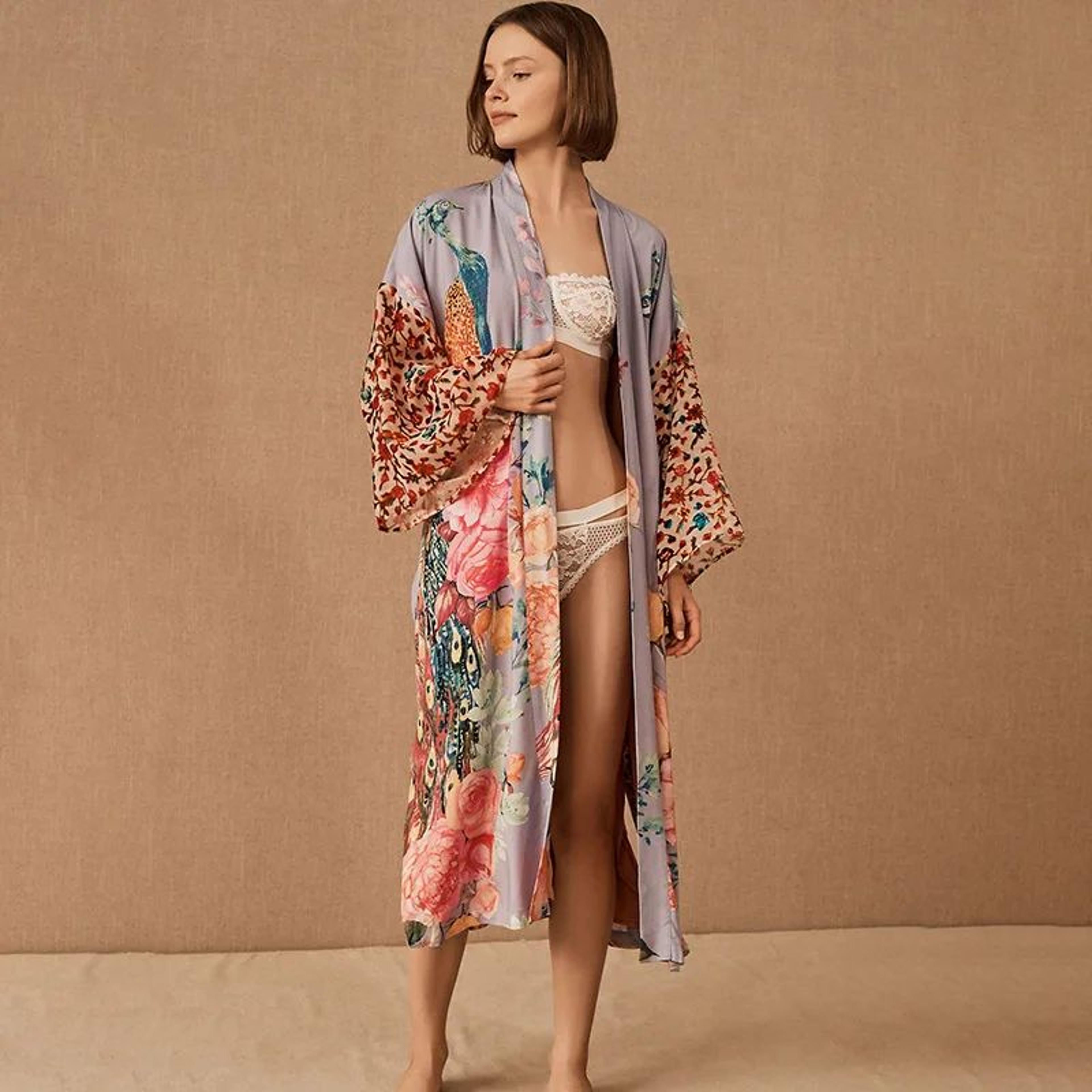 Peacock Print Belted Beach Kimono Cover Up 11
