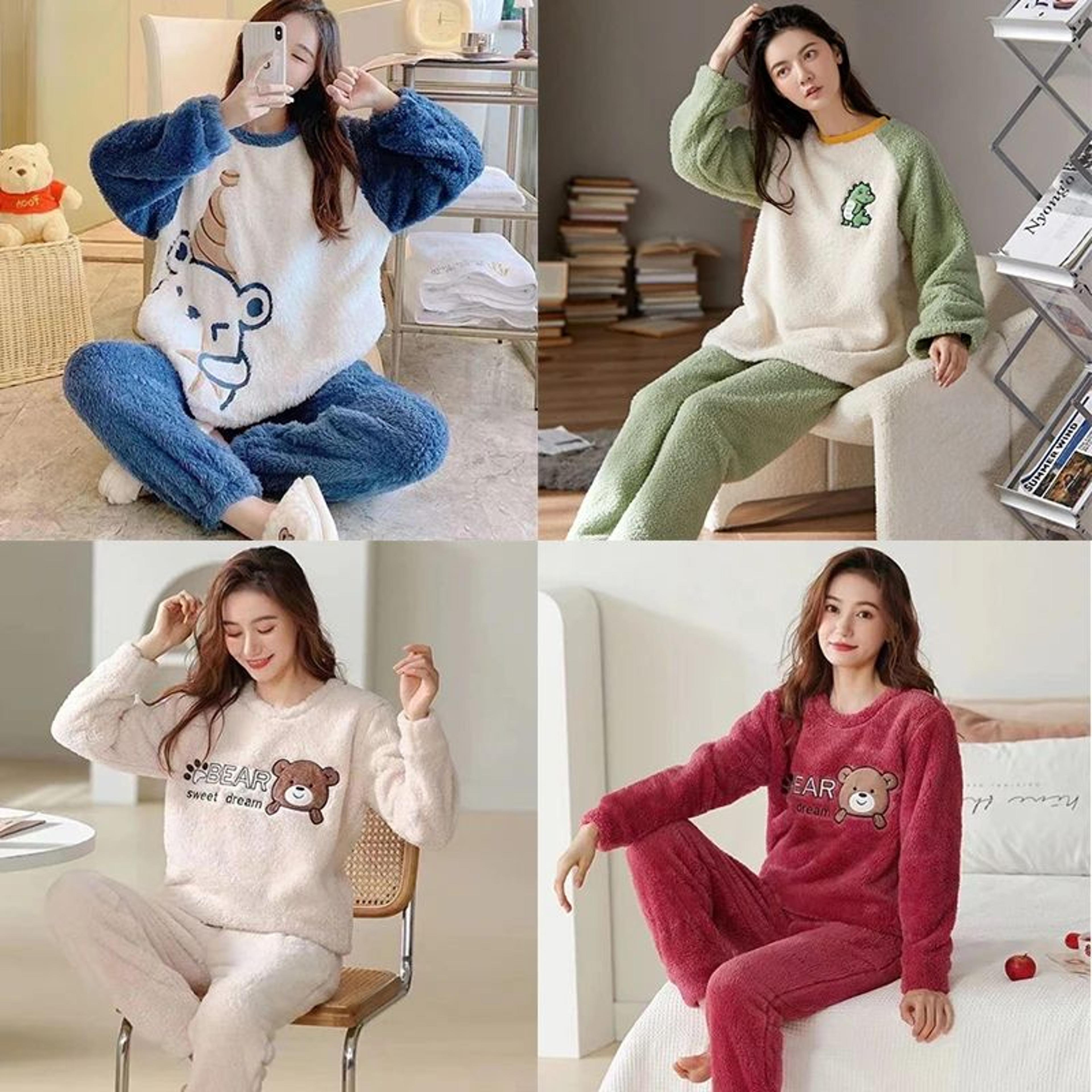 Women Winter Thick Flannel Coral Velvet Pajama Set With Cartoon Bear 3
