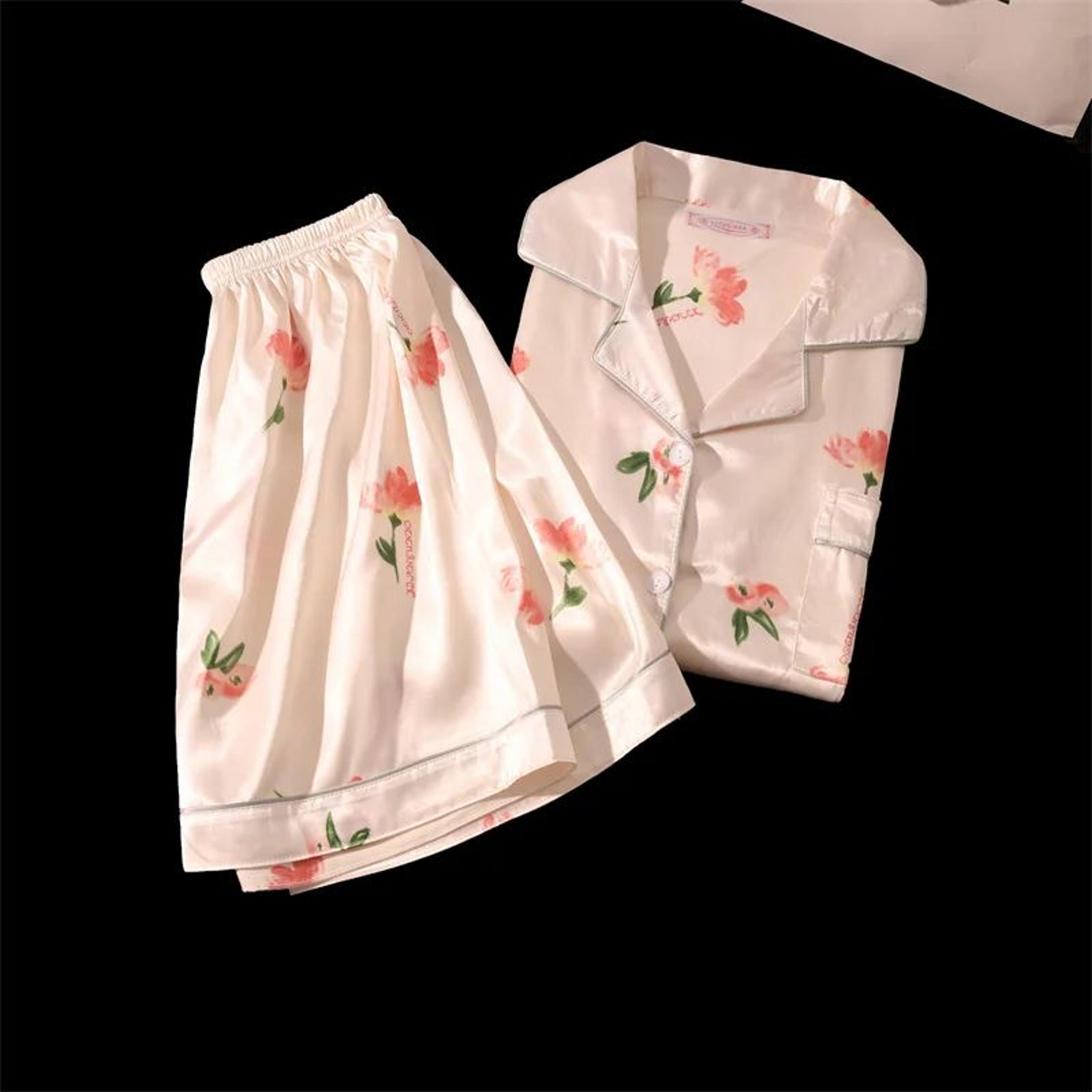Women Cherry Print Satin Style Pajama Set With Top And Shorts 12